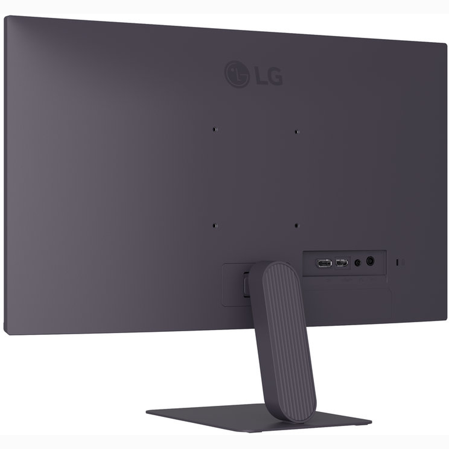 The back of a gray LG monitor is shown. It has a stand, ports, and the LG logo. The color is a dark gray.