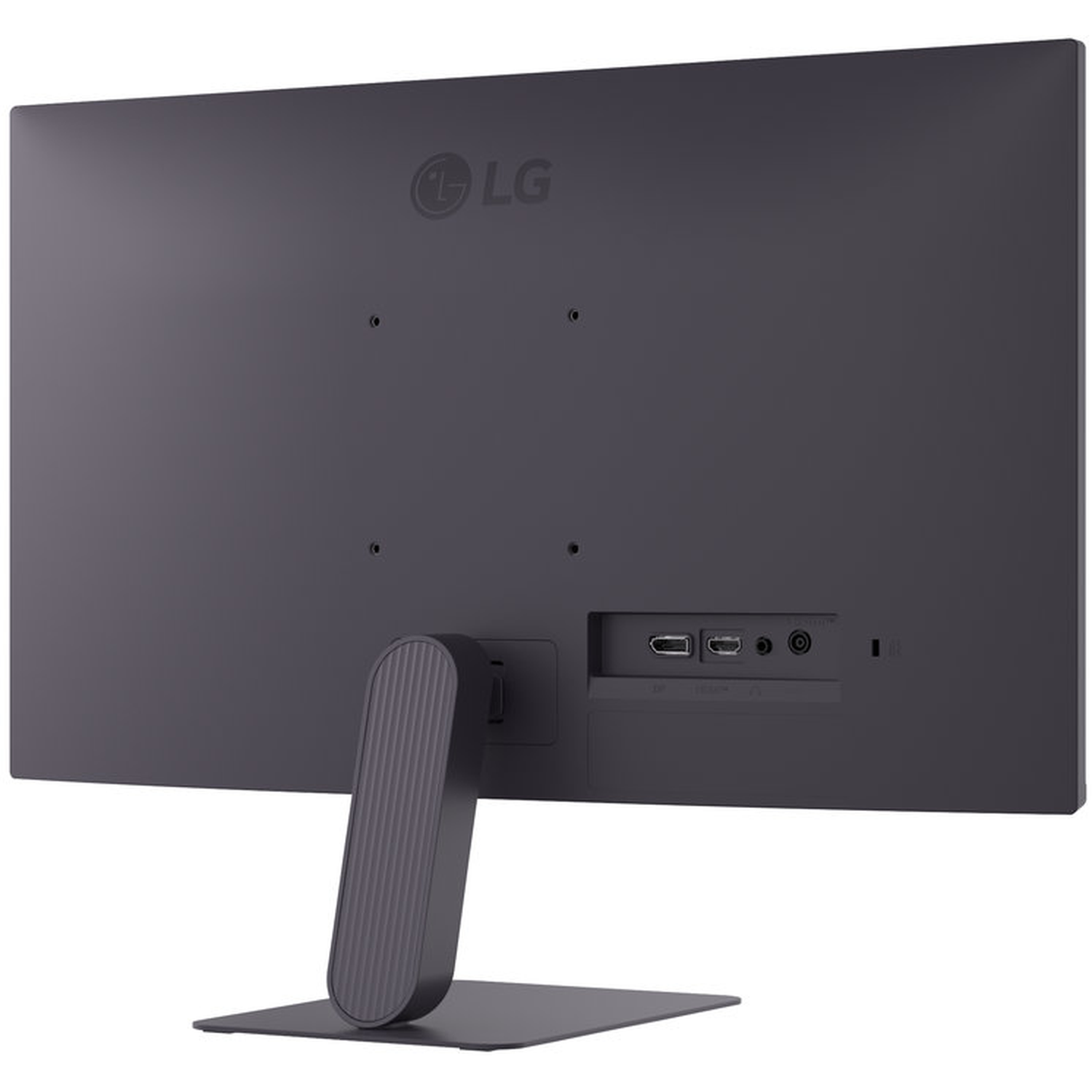 The back of a gray LG monitor is shown. It has a stand and several ports. The LG logo is at the top left.