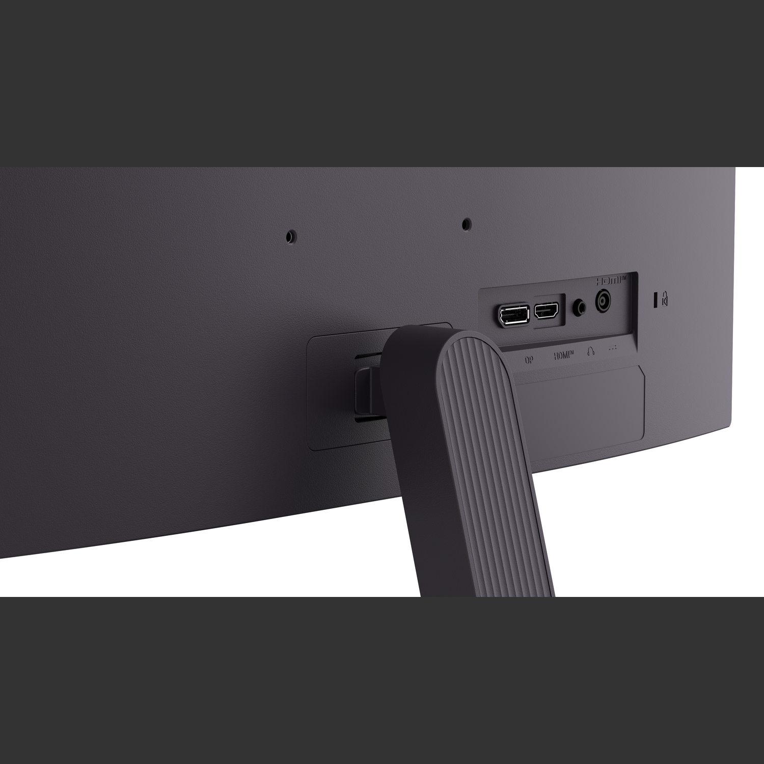 The back of a black monitor. Ports for HDMI, DP, and audio are visible. A stand supports the monitor.