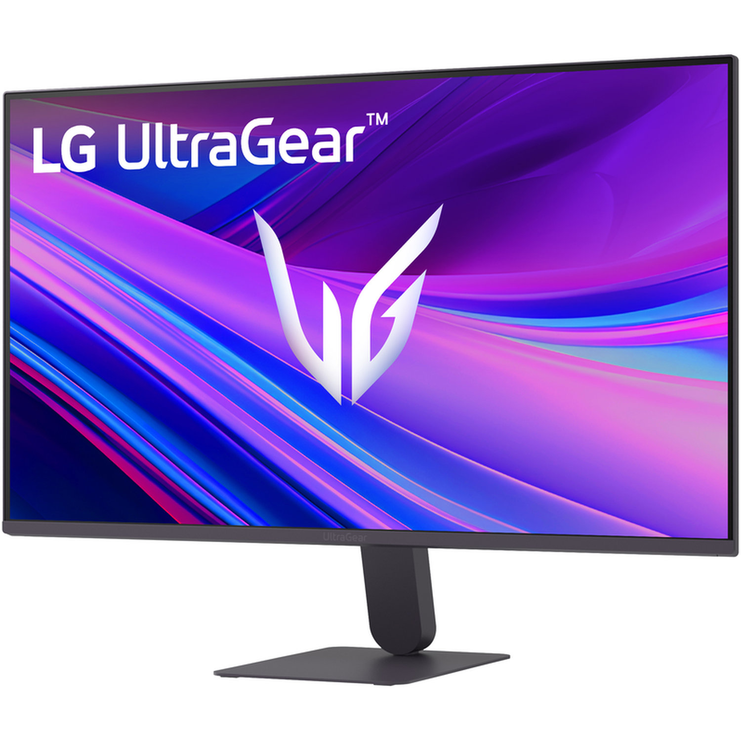 An LG UltraGear monitor. The screen displays a colorful abstract background with the logo and the text UltraGear.