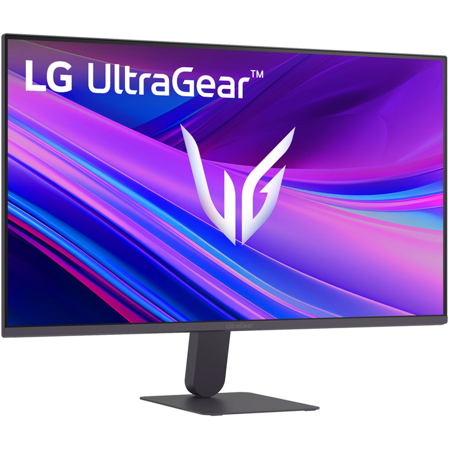 LG UltraGear monitor. Displaying abstract purple and blue shapes. The monitor is black with a black stand.