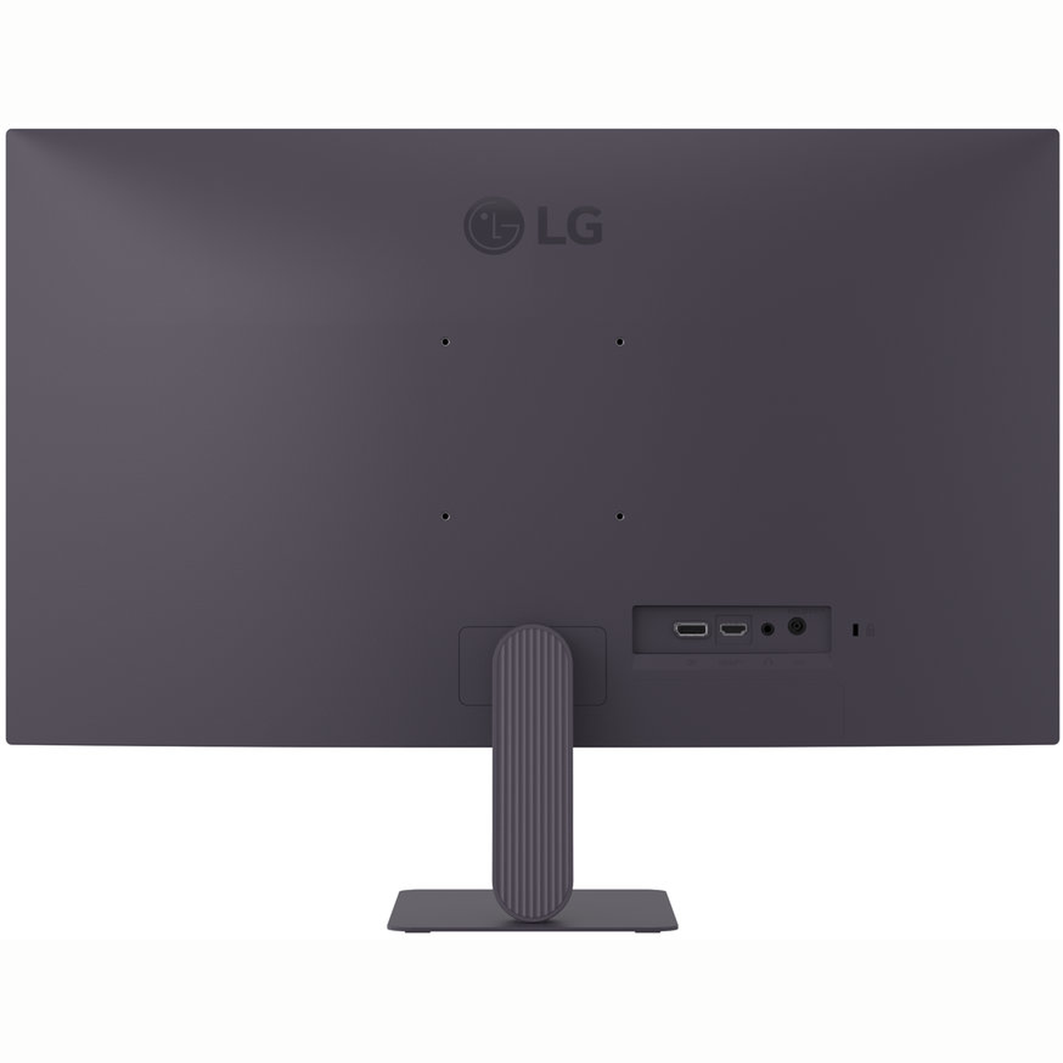 The back of a purple LG monitor. It has a stand, ports, and the LG logo. The surface is smooth and matte.