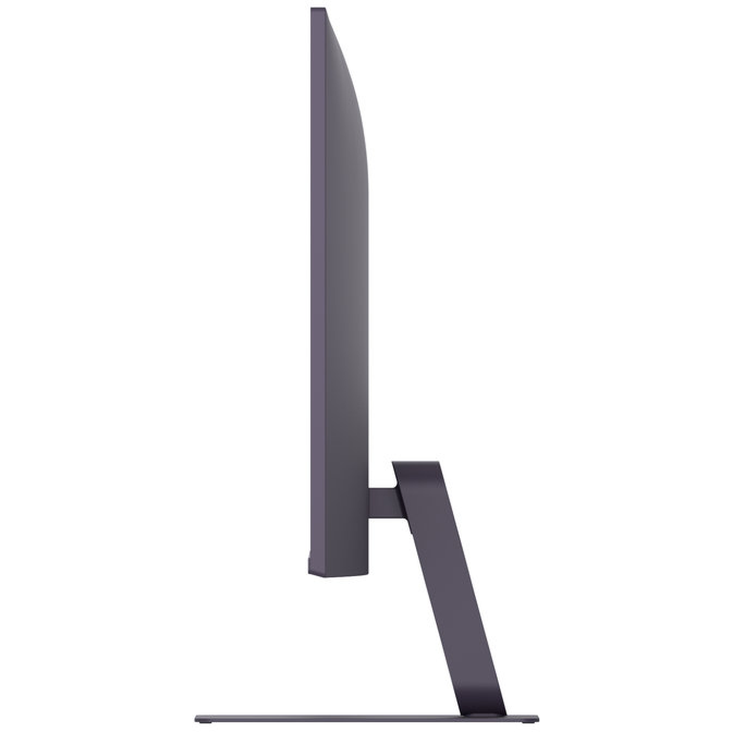 Side view of a dark grey computer monitor. The screen is thin, supported by a stand. The background is white.