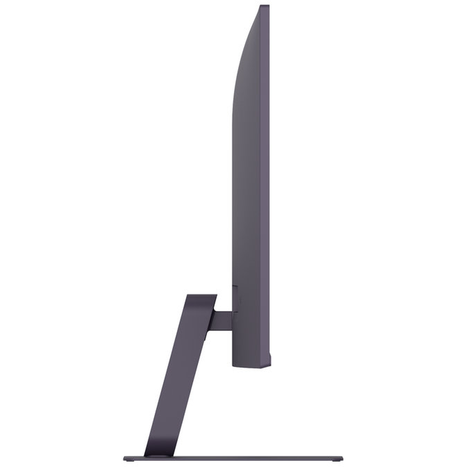 Side view of a dark gray computer monitor. It has a thin bezel and a stand that supports the screen. The background is white.