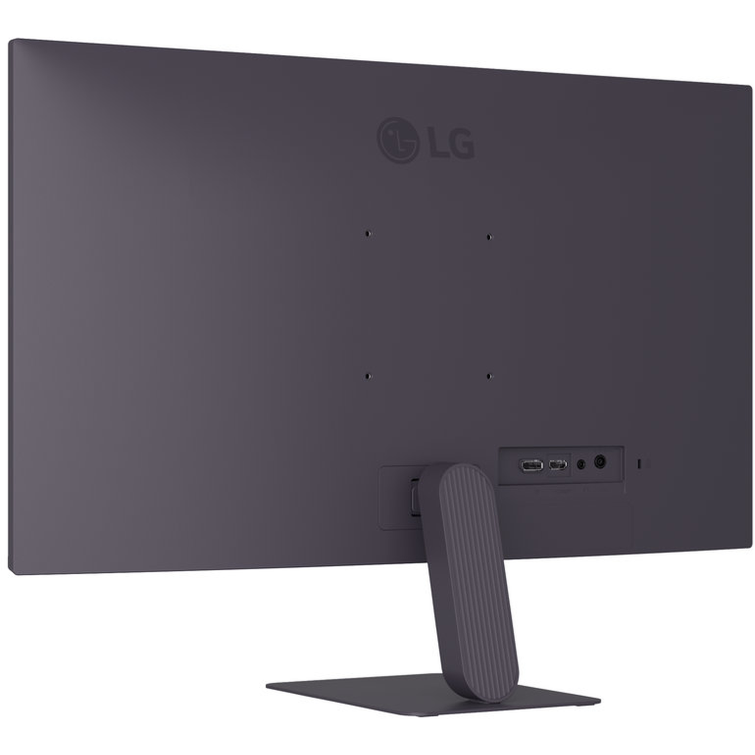 The back of a grey LG monitor is shown. It has a stand, ports, and the LG logo. The background is white.
