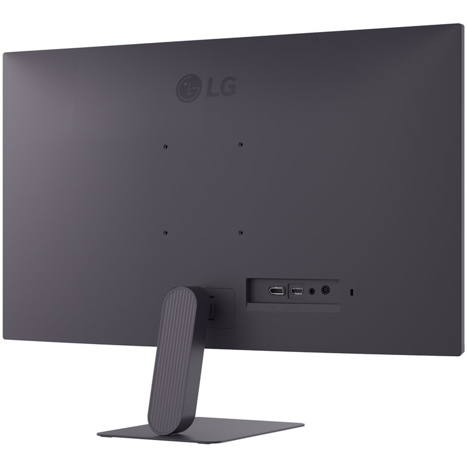 The back of a dark gray LG monitor is visible. It has a stand, ports, and the LG logo. The stand is dark gray.