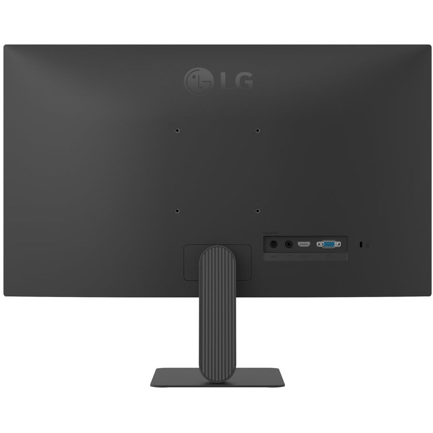 Rear view of a black LG monitor. It has ports and a stand. The LG logo is visible. The background is white and black.