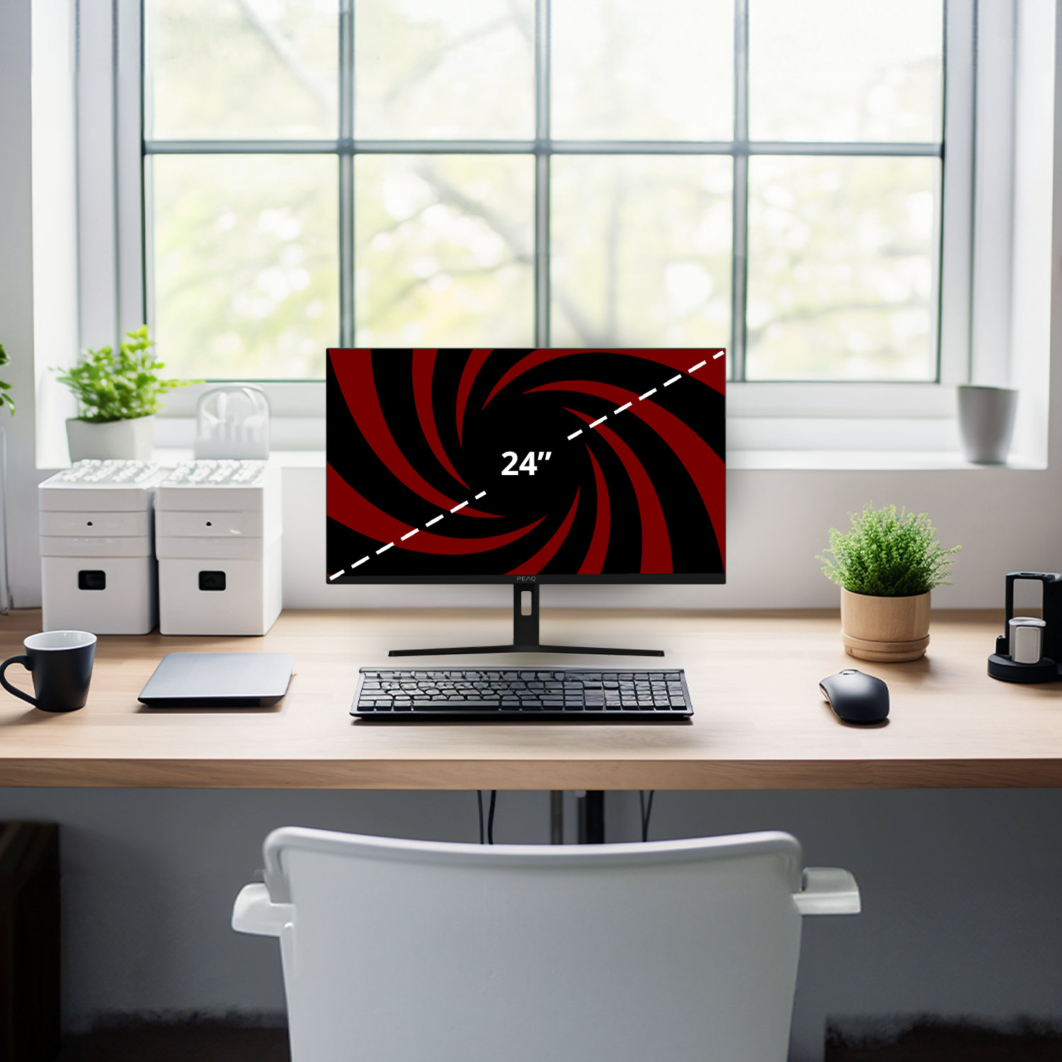 A desk with a computer monitor displaying a red and black design. Keyboard, mouse, plants, and a mug are on the desk.