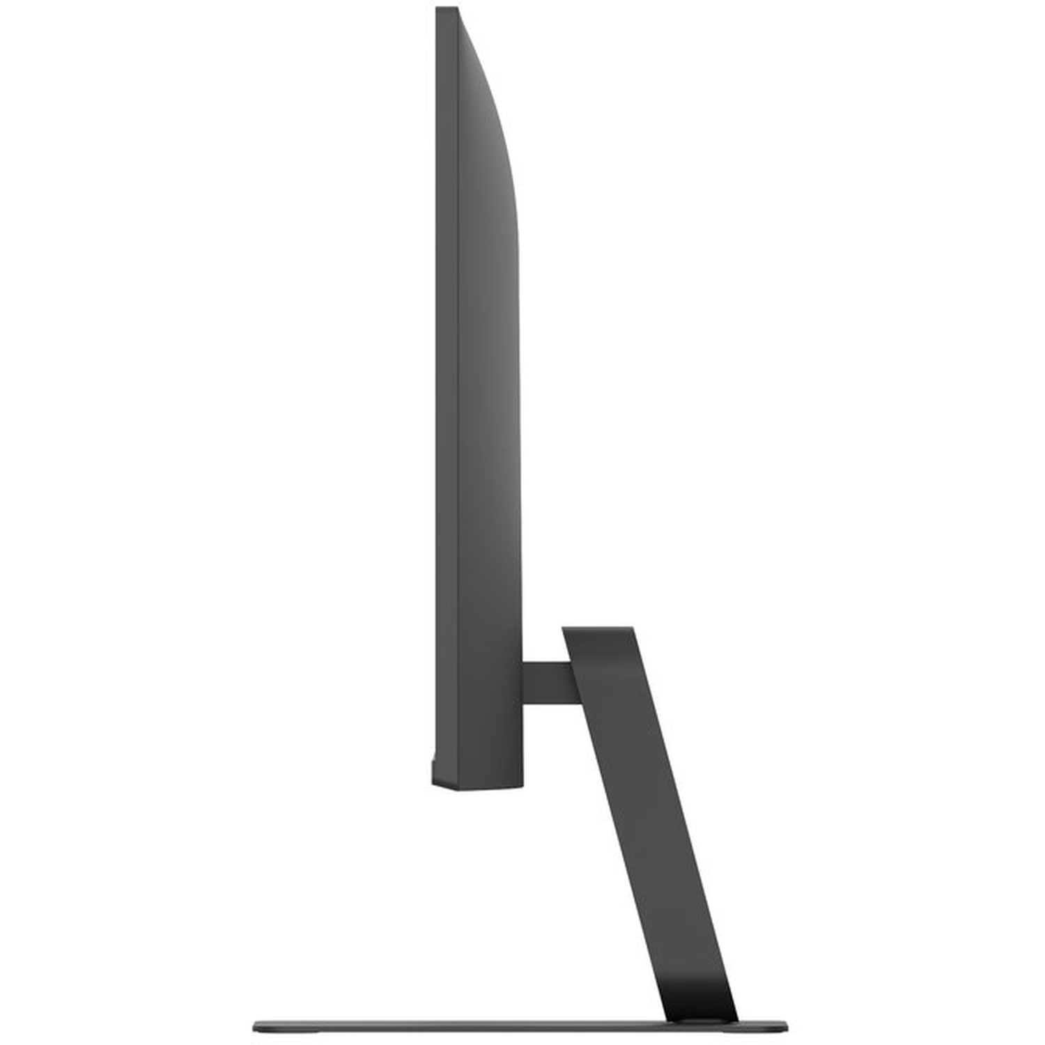 Side view of a black computer monitor. The screen is thin, supported by a stand. The stand has a base and a diagonal support.