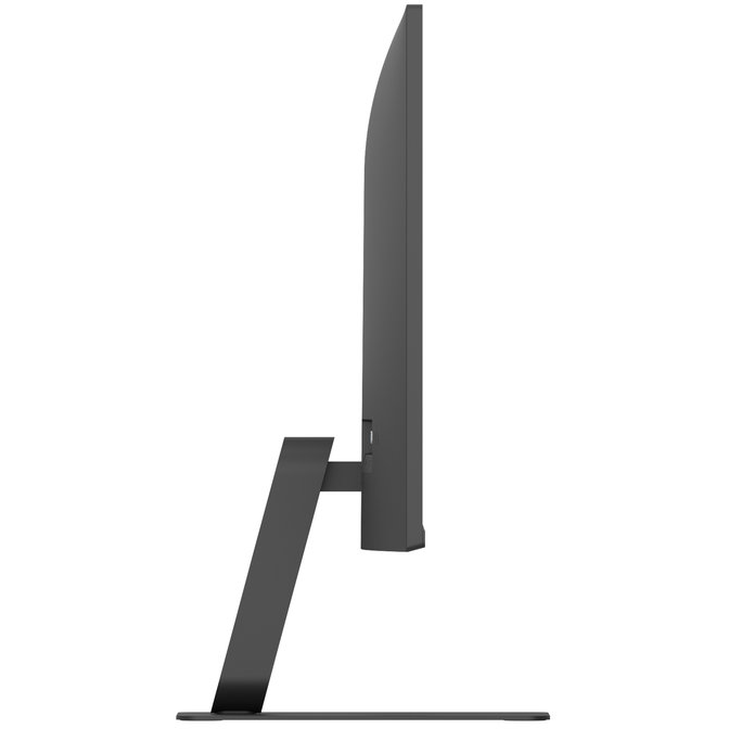 Side view of a dark gray computer monitor. The screen is thin, supported by a stand. The stand has a base and angled support.
