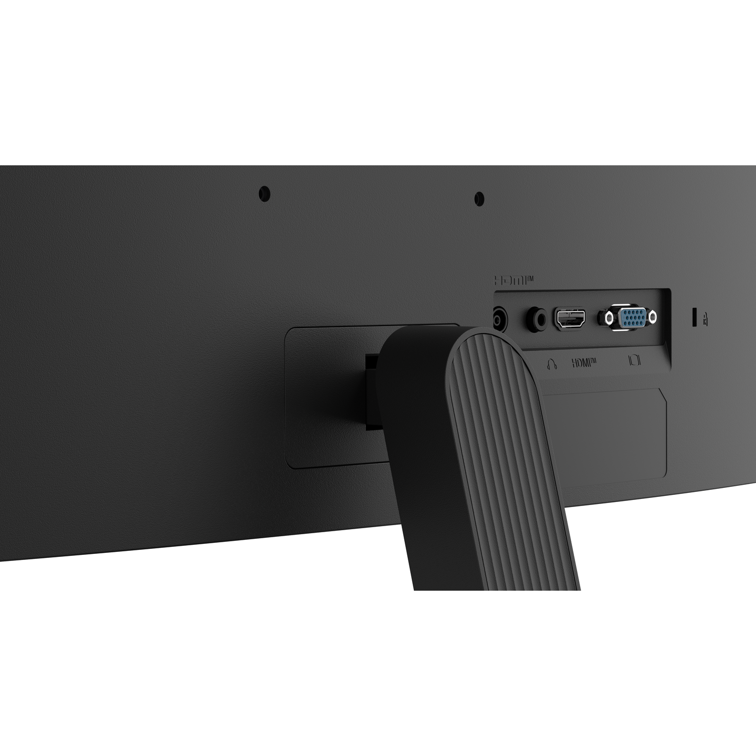 The back of a black monitor with various ports: HDMI, VGA, and others. A black stand supports the monitor.