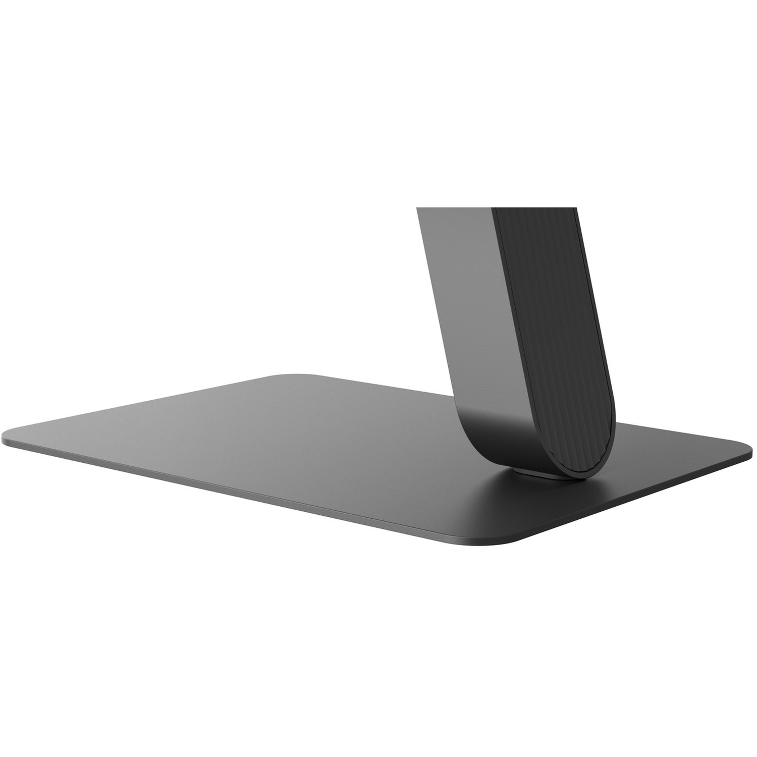 A gray monitor stand. A rectangular base supports a curved arm.