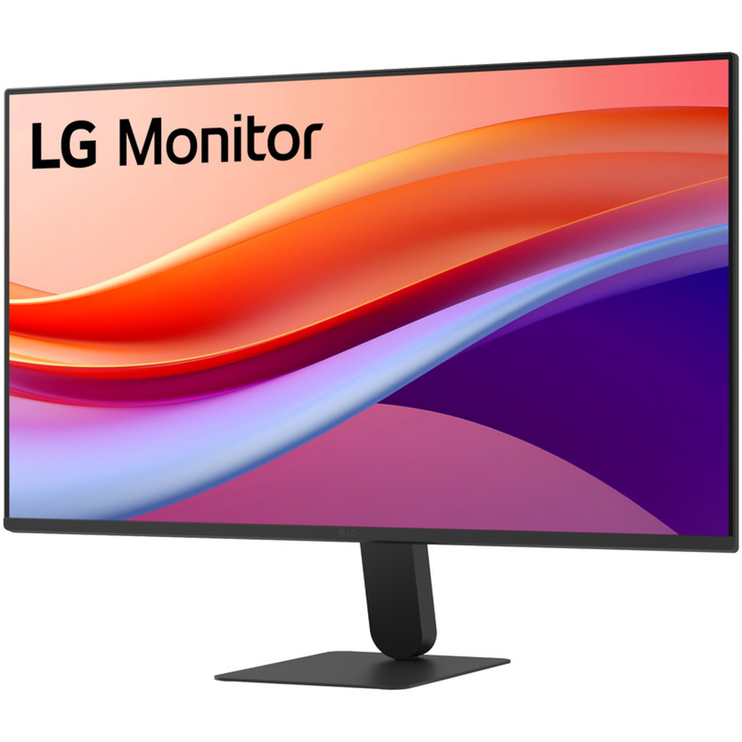 An LG monitor with a colorful display showing red, orange, purple and blue gradients. The monitor is black and stands on a black base.