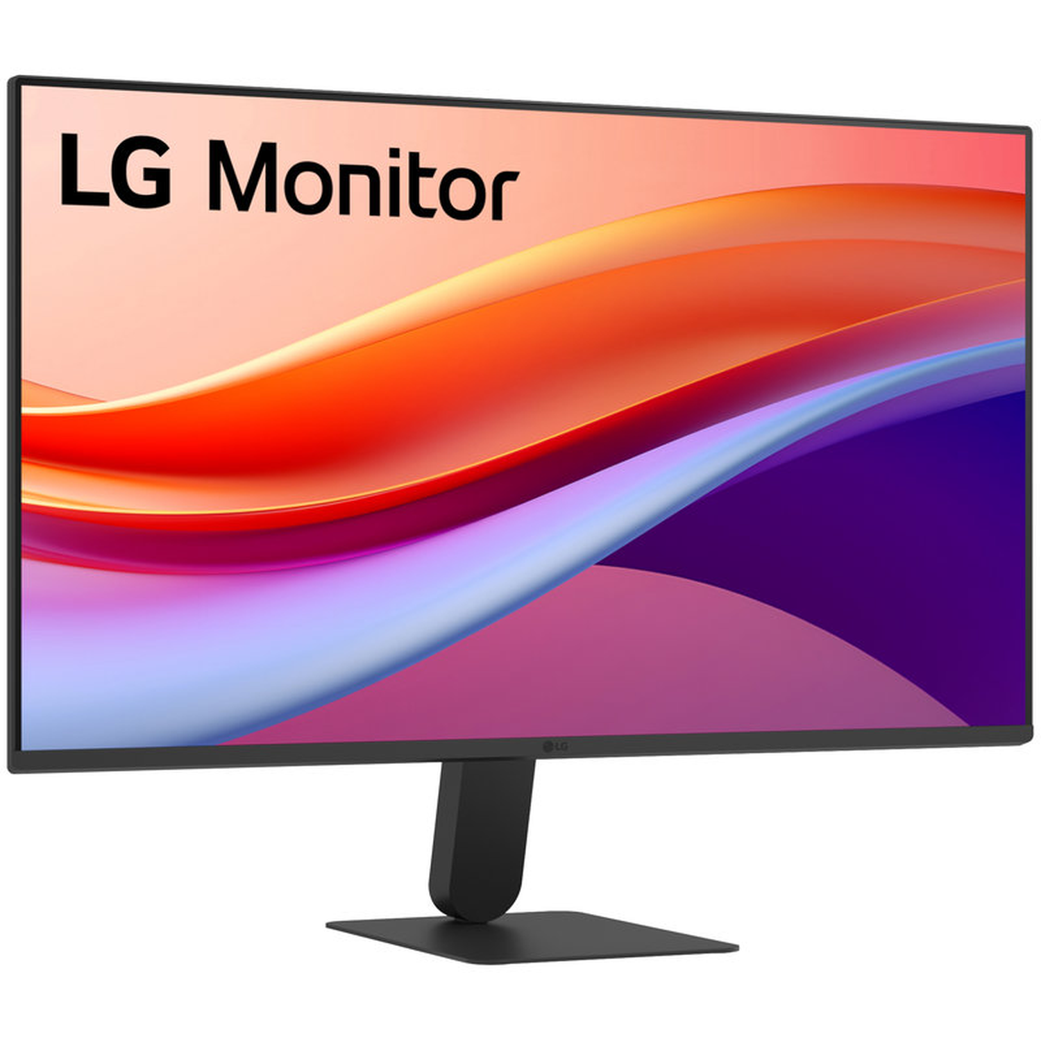 An LG monitor displays an abstract colorful image. The monitor is black with a black stand, set against a white background.