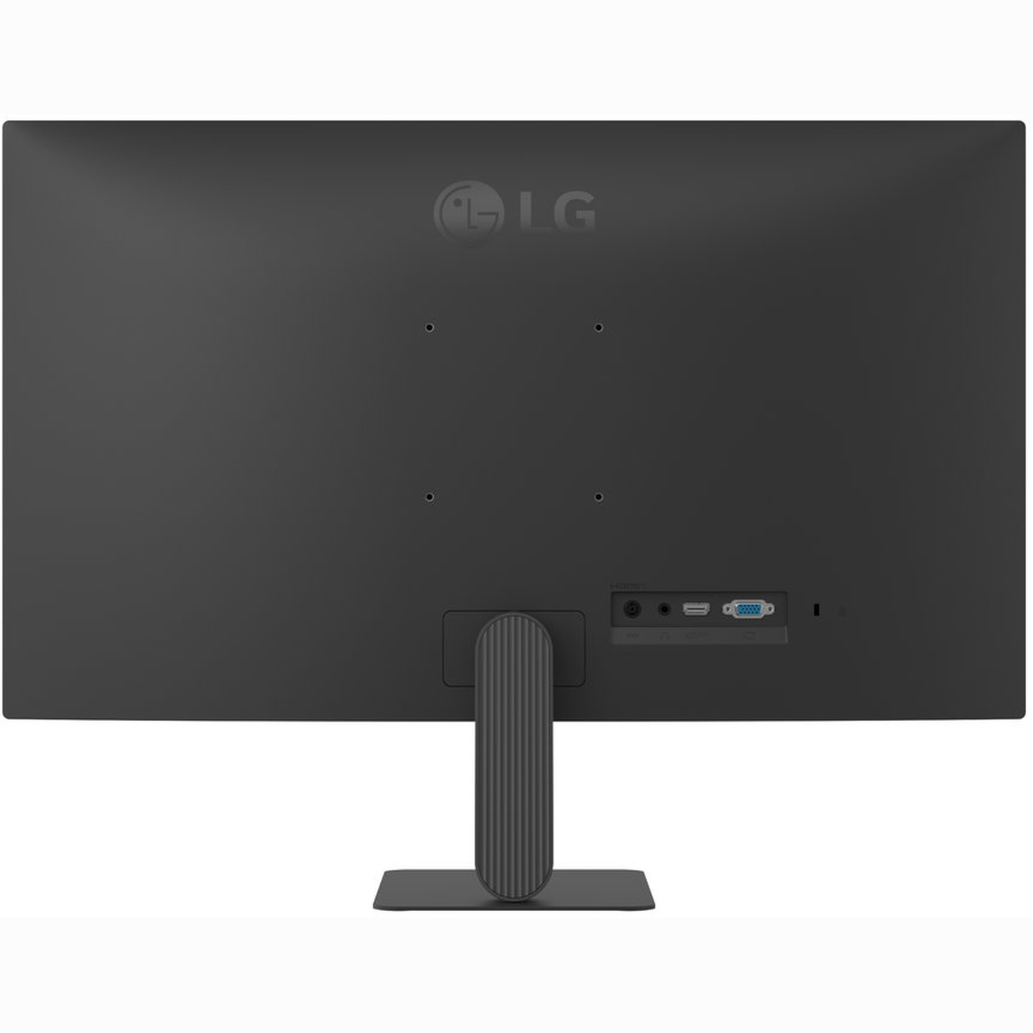 The back of a black LG monitor is shown. It has a stand, ports, and the LG logo. The surface is matte.