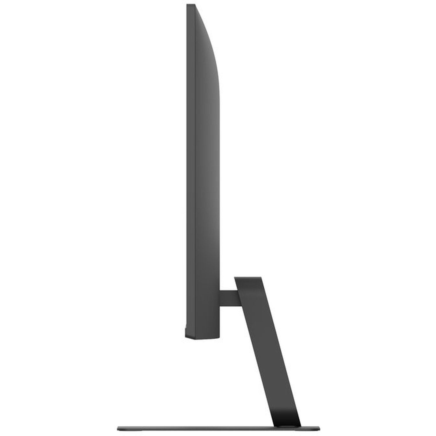Side view of a dark gray computer monitor. The screen is thin, supported by a stand. The stand has a base and a support arm.
