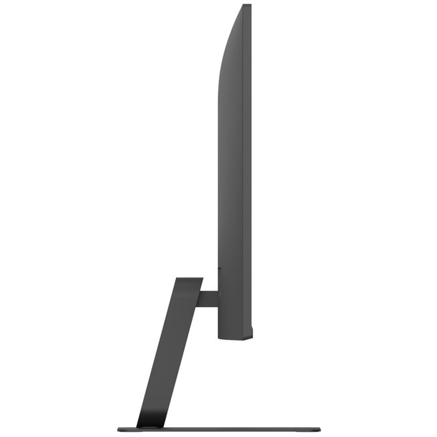 Side view of a dark gray computer monitor. It has a thin screen, supported by a stand. The stand has a base and a vertical arm.