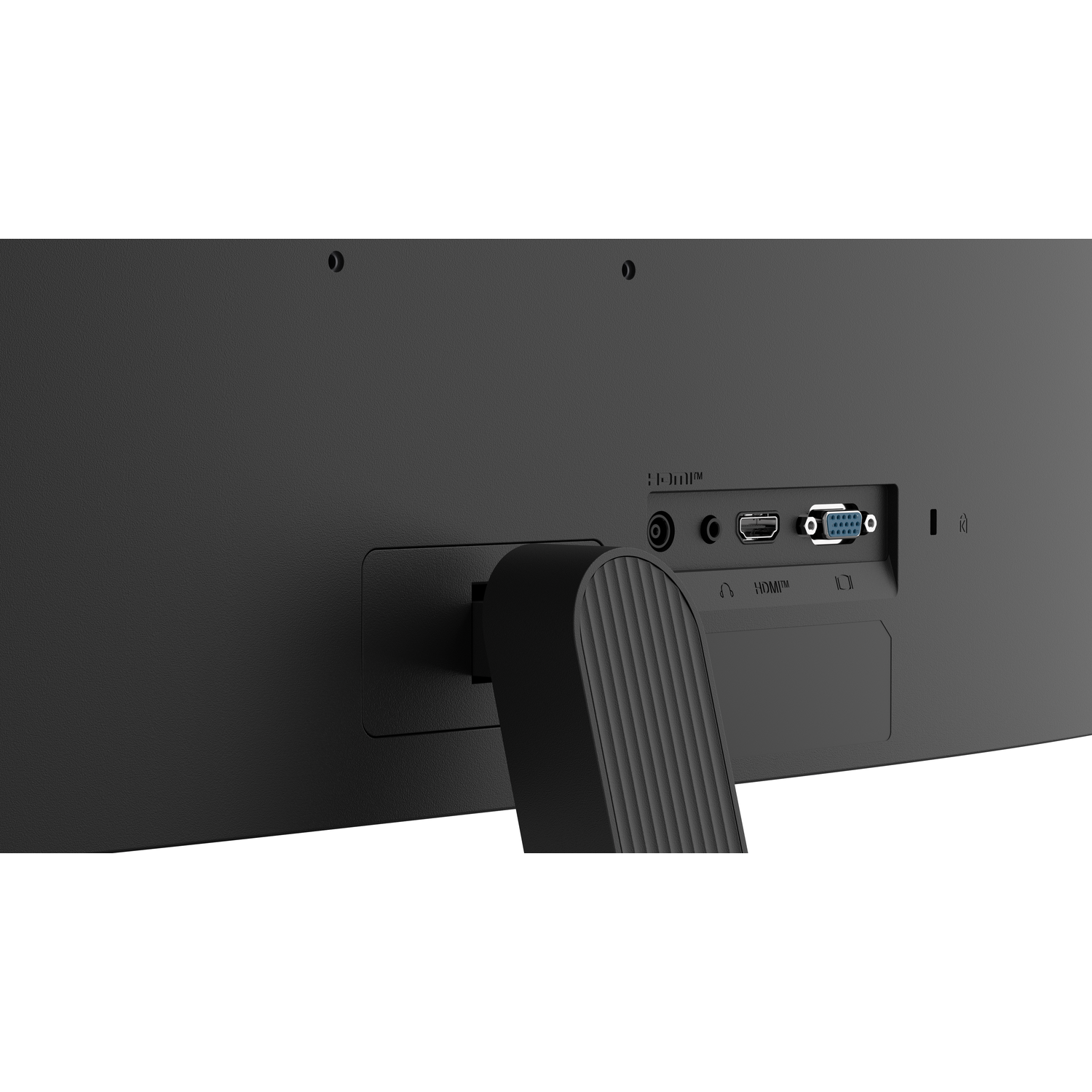 The back of a black monitor with various ports: HDMI, VGA, and others. A black stand supports the monitor.