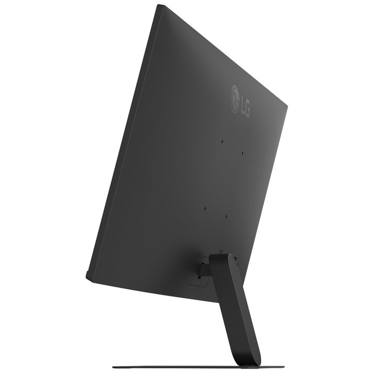 The back of a black LG monitor is shown. It has a stand and the LG logo. The monitor is tilted, and the background is white.