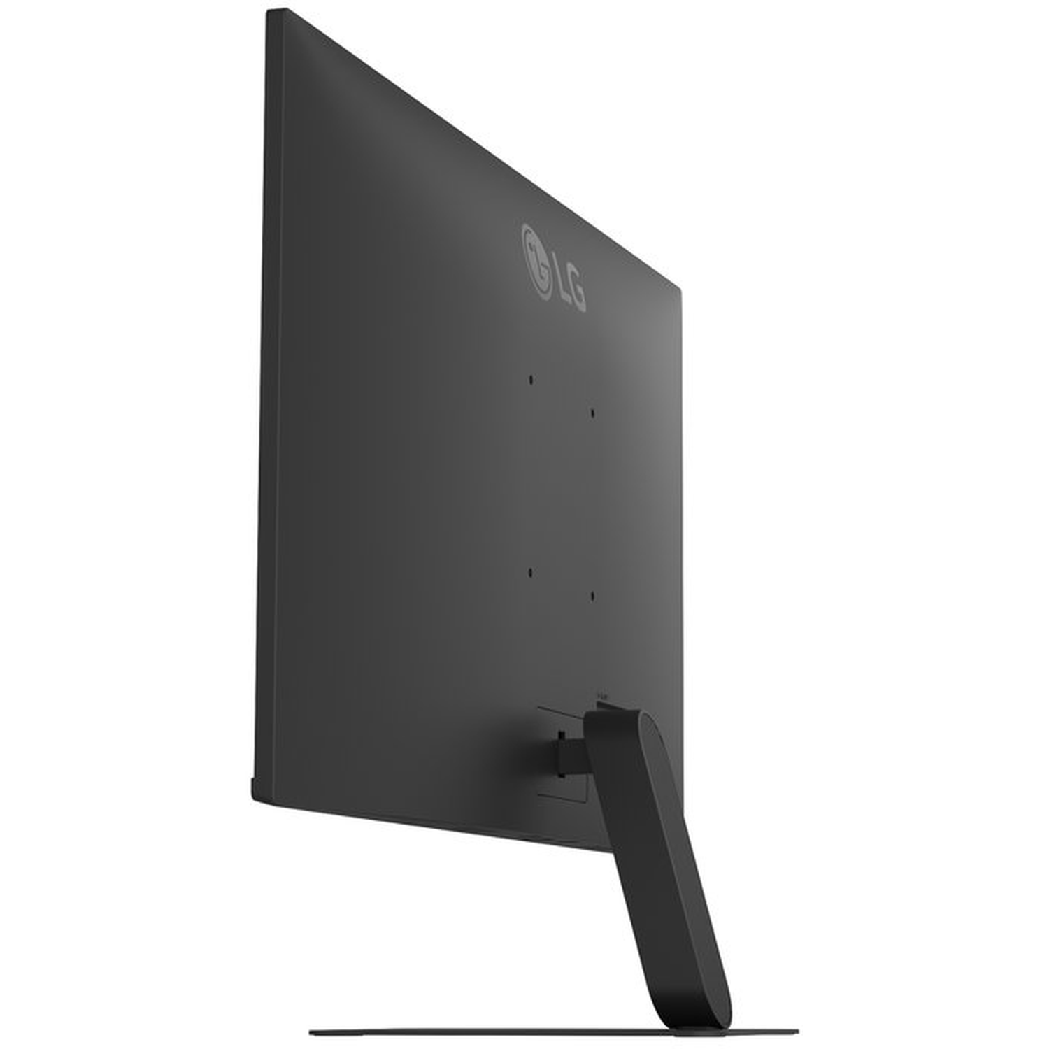 A black LG monitor seen from the side. The monitor is on a black stand. The LG logo is visible on the upper left corner.