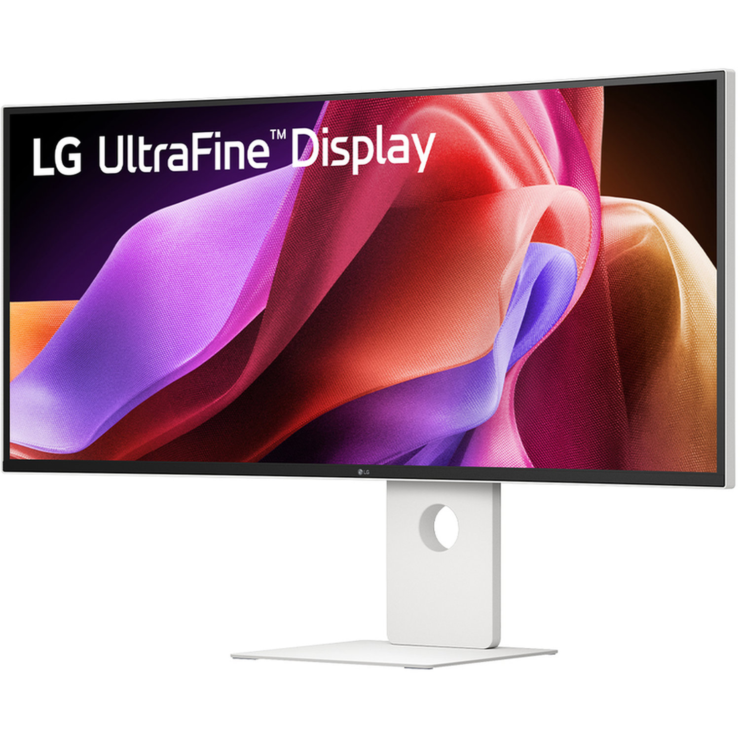 LG UltraFine Display monitor with a curved screen. The display shows colorful abstract shapes. It stands on a white stand.