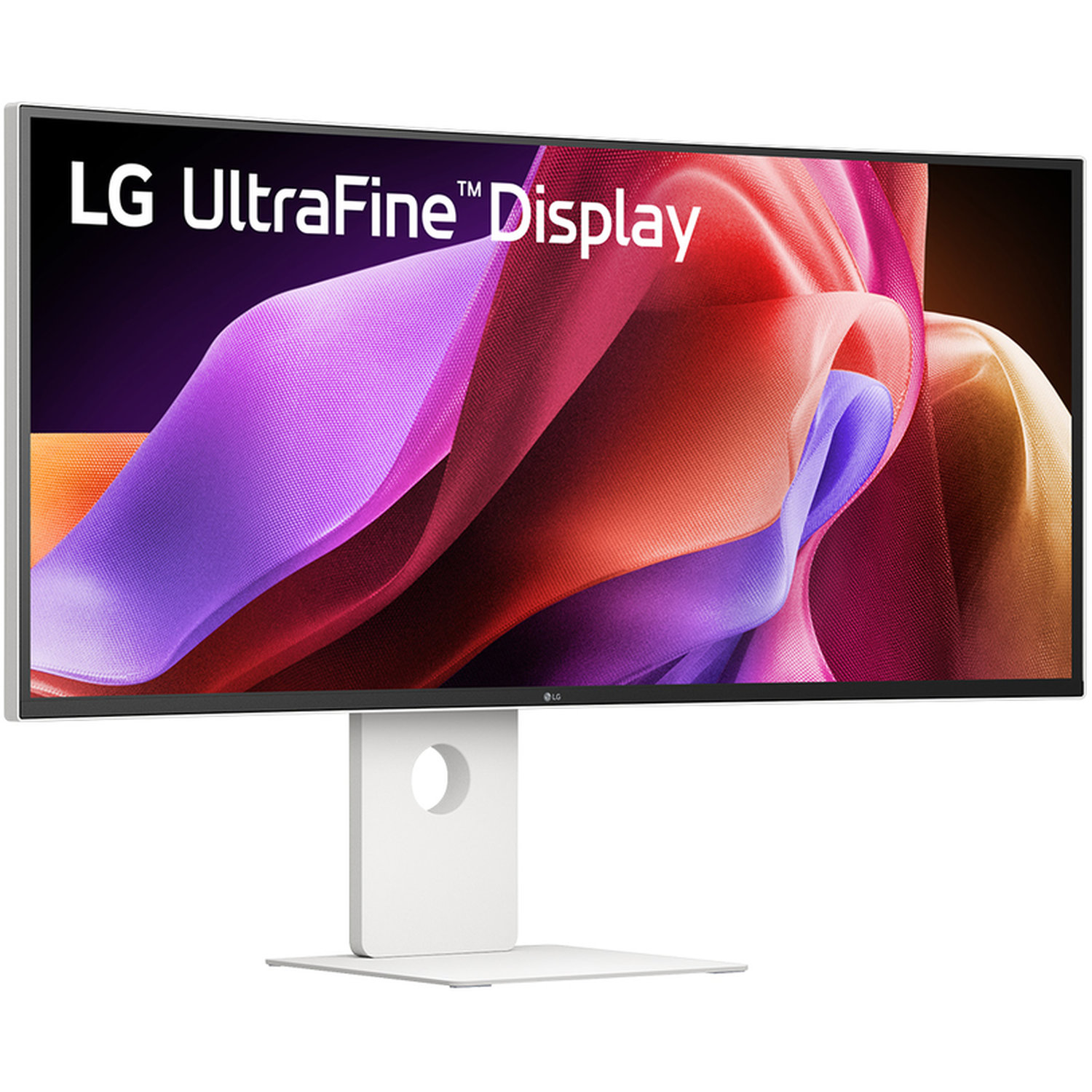LG UltraFine Display monitor. The screen shows colorful abstract shapes. It has a white stand and a white background.