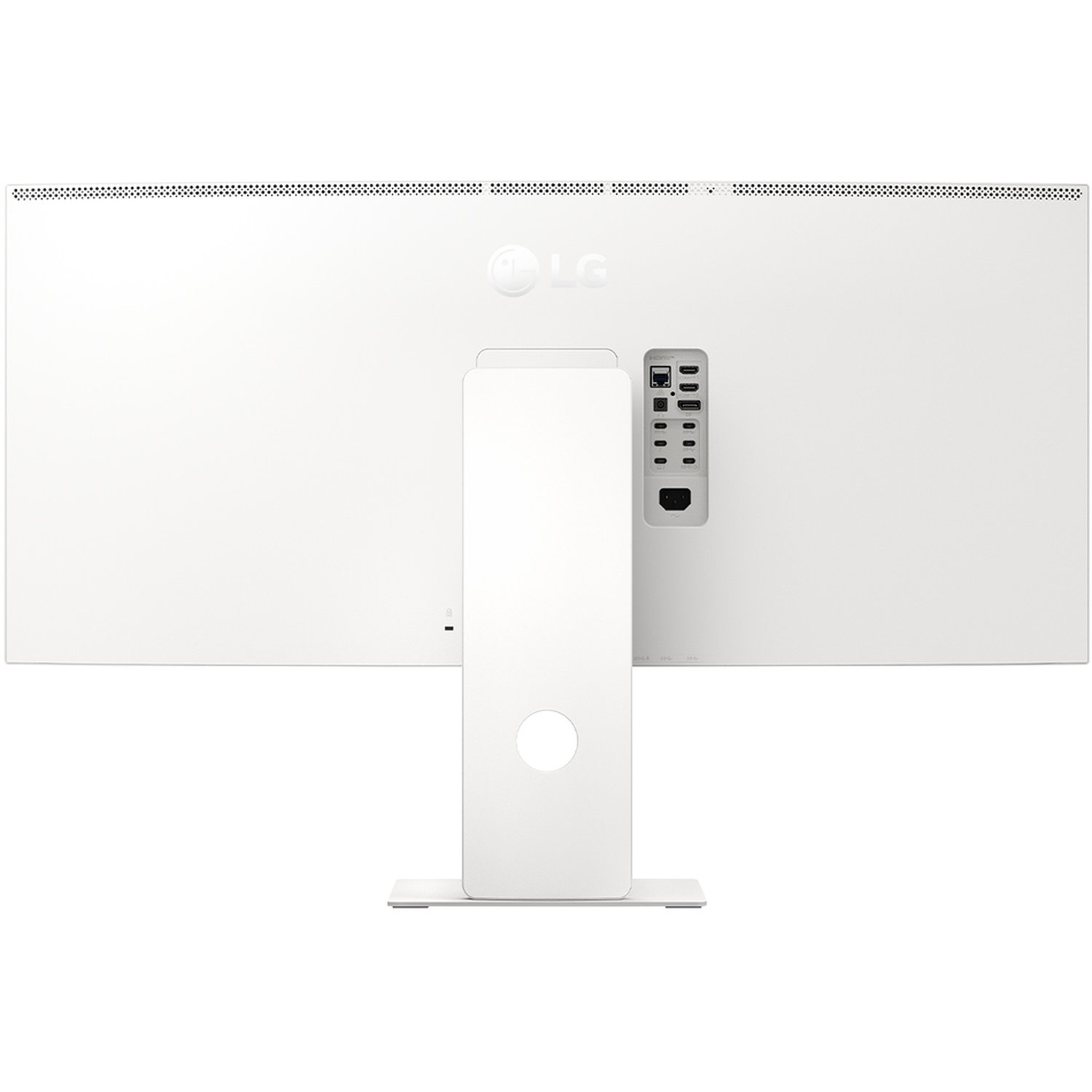 A white LG monitor with a stand. The back shows ports and the LG logo. The stand has a circular cutout.