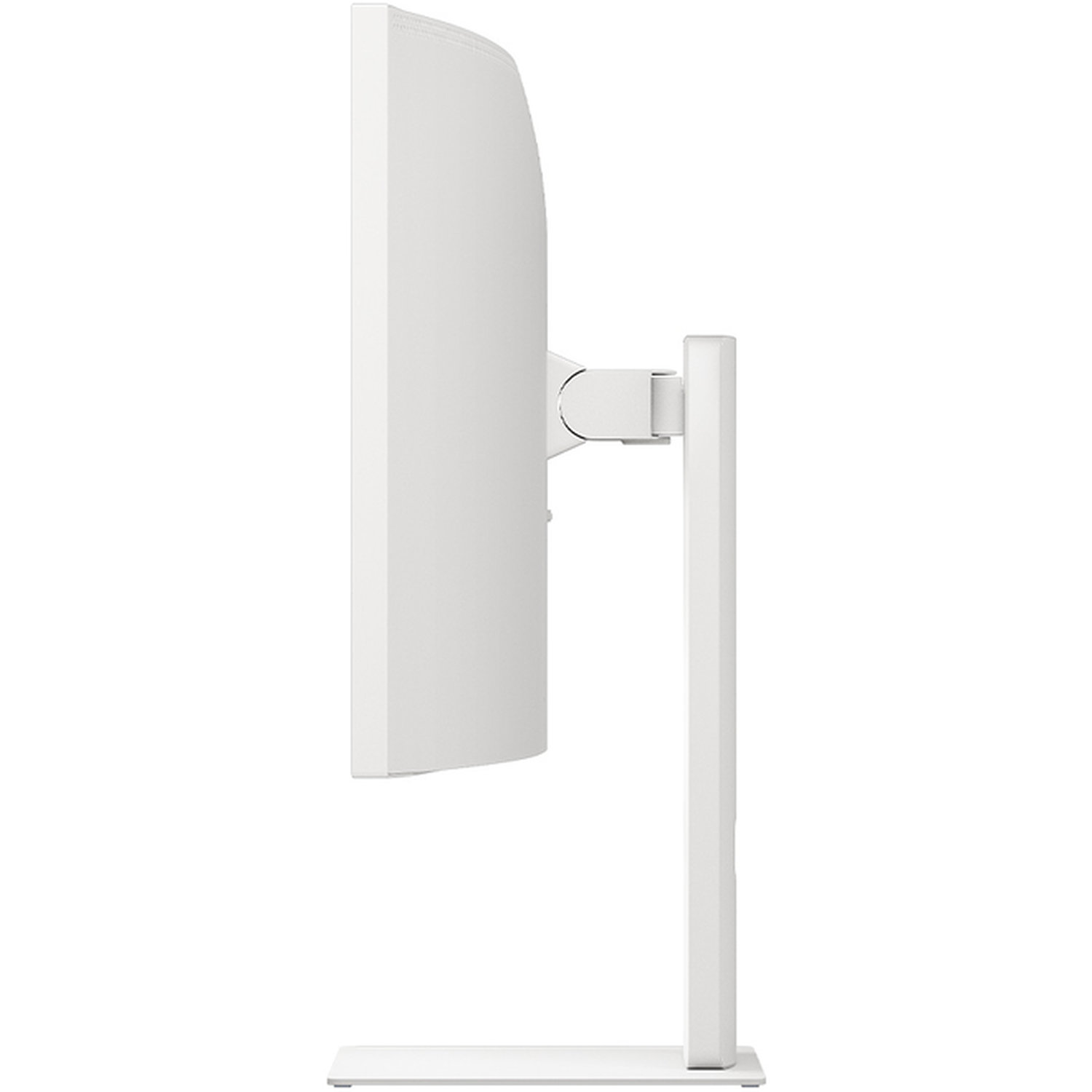 Side view of a white computer monitor. It has a curved screen, a stand, and a base. The background is white.