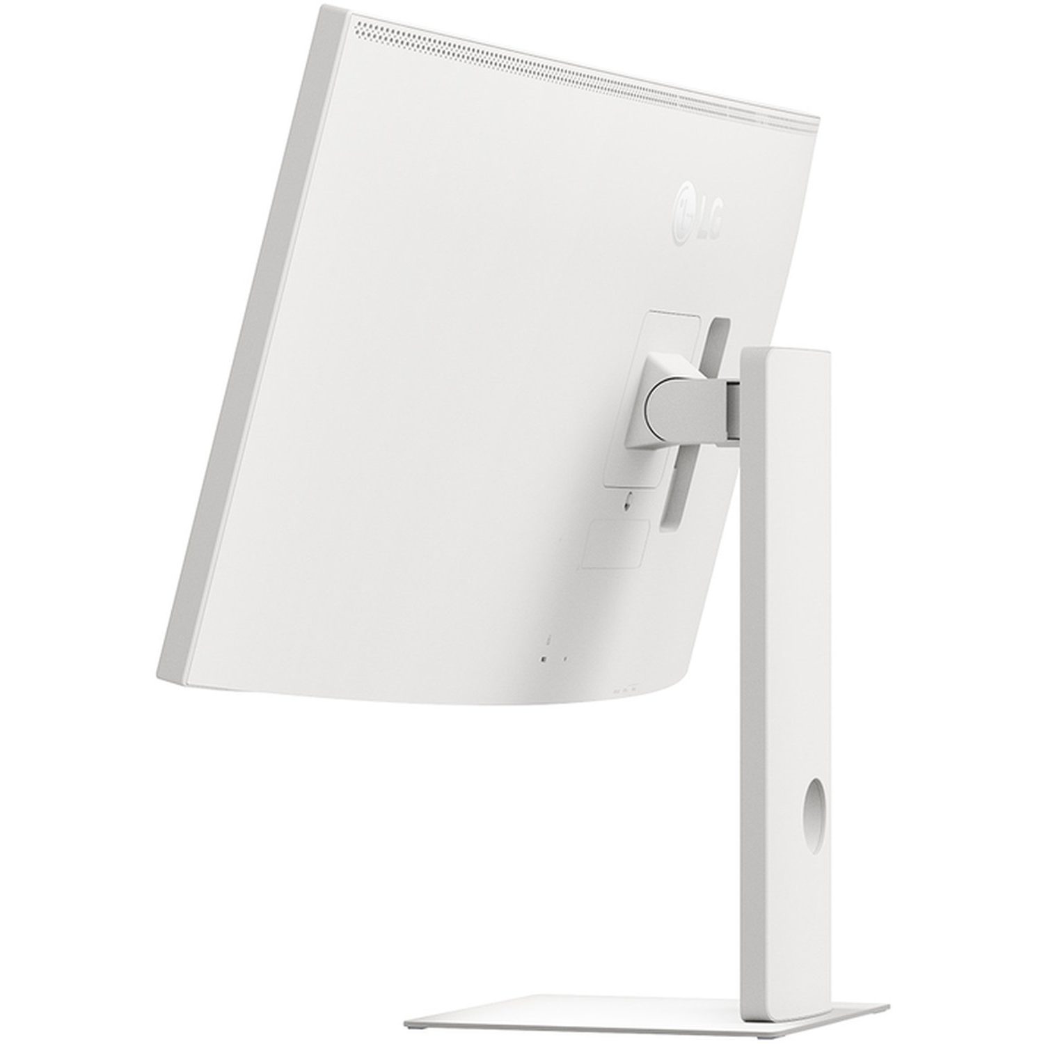 A white LG monitor from the back, showing the stand and the screen's back. The monitor is slightly angled to the left.