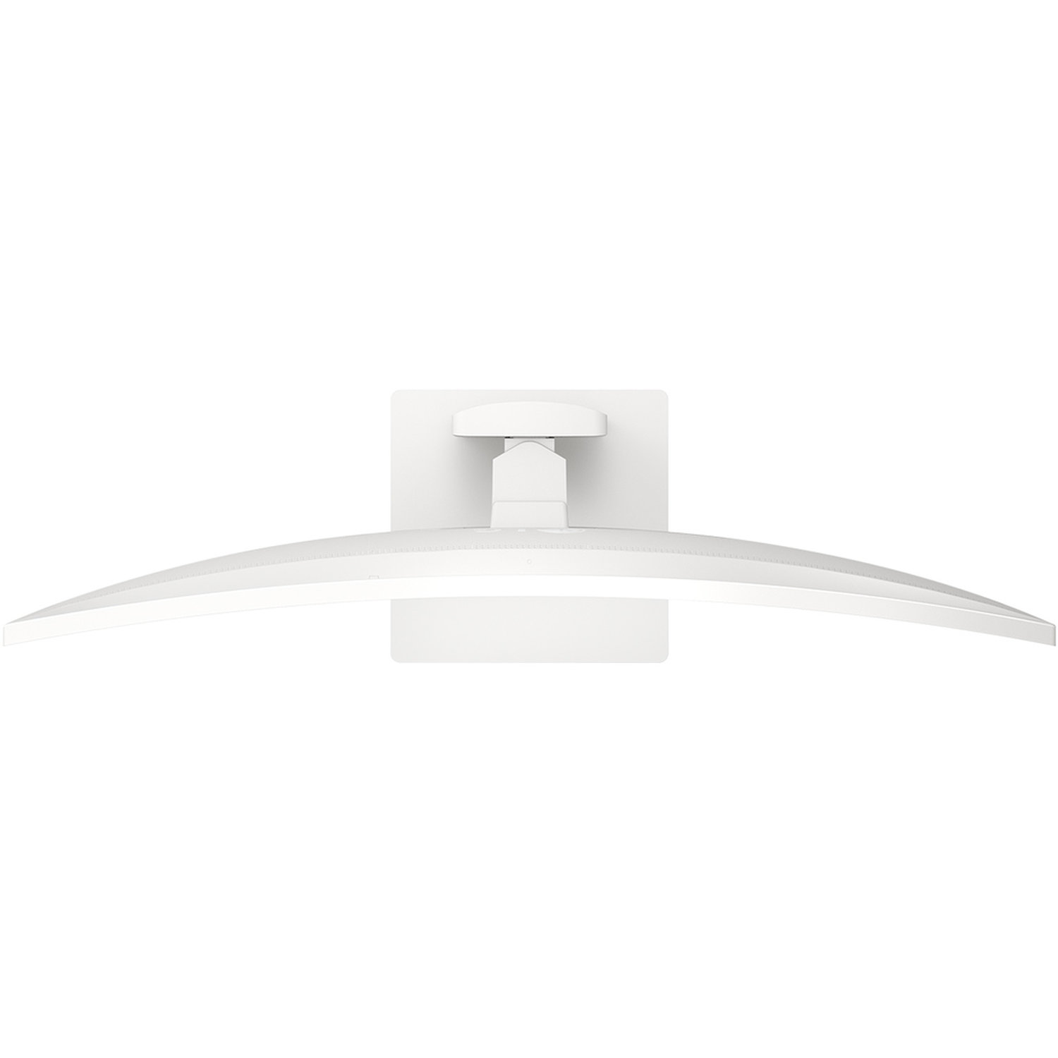 Overhead view of a white curved computer monitor. It has a stand and a white background.