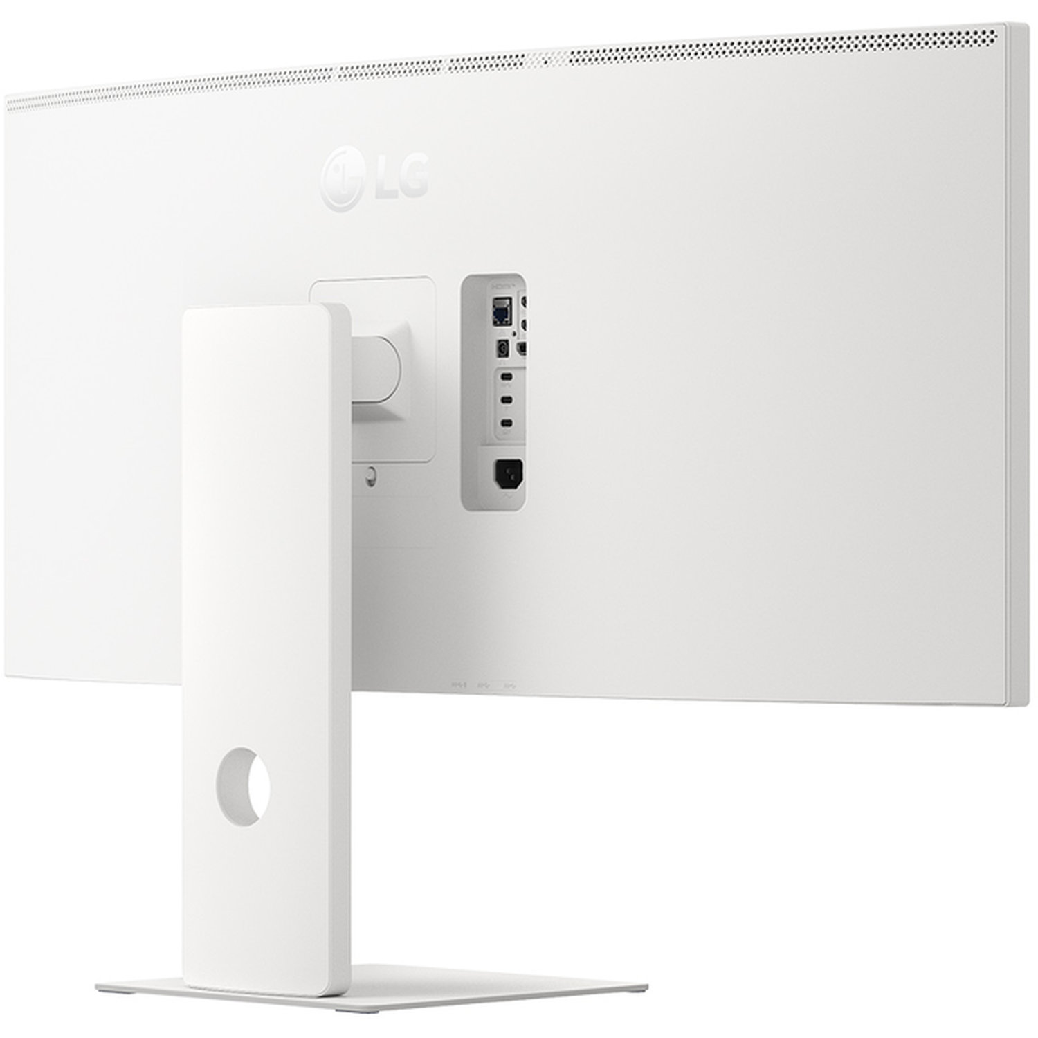The back of a white LG monitor is shown. It has a stand with a hole and various ports. The LG logo is visible.