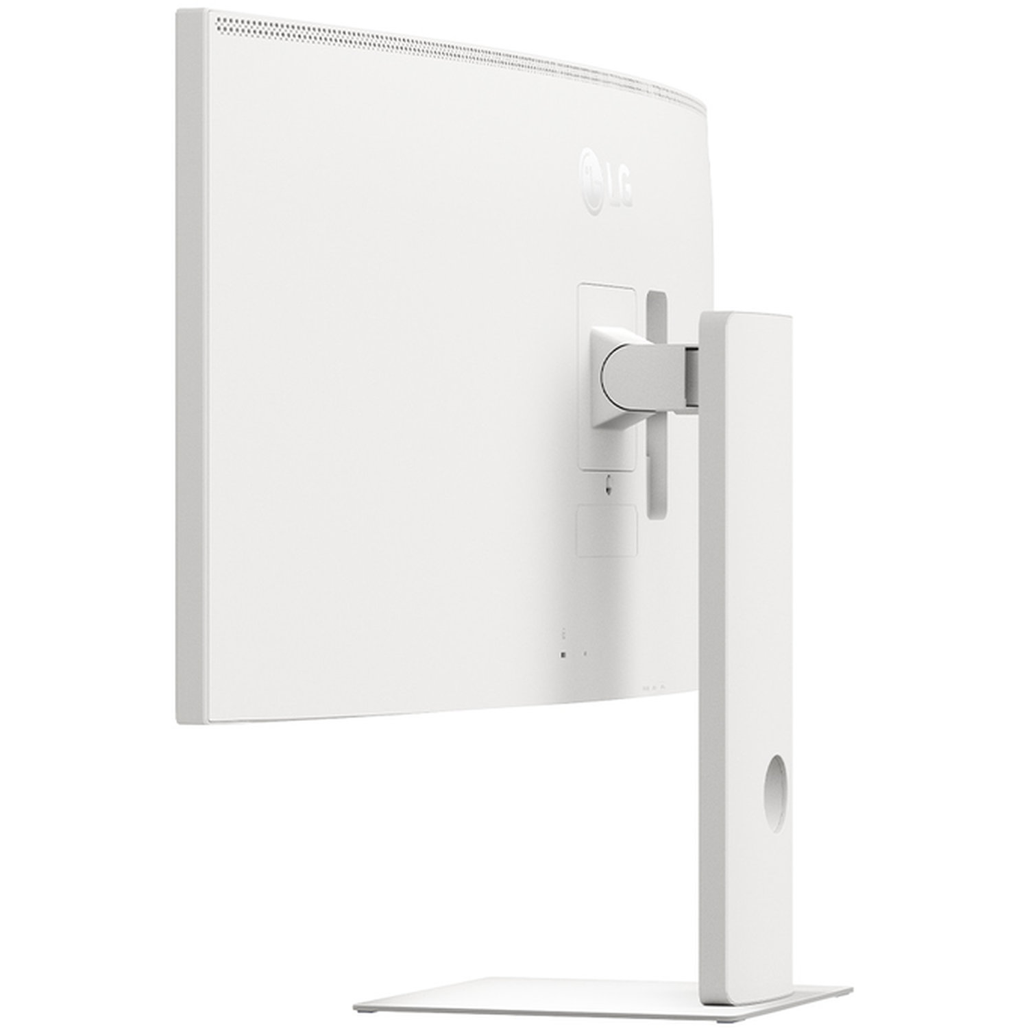 The back of a white LG monitor is shown. It has a stand, a curved screen, and the LG logo. The stand has a circular cutout.