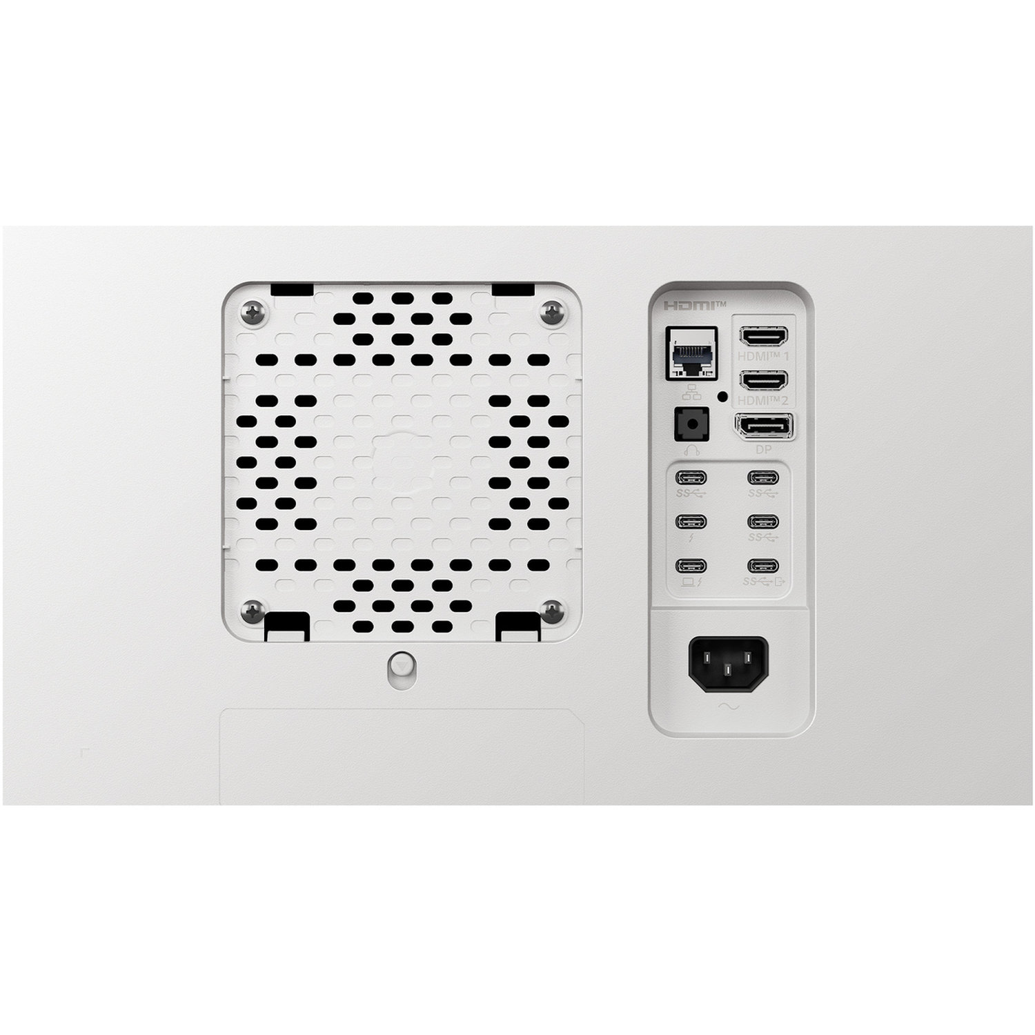 White computer component with vents, ports, and power input. Includes HDMI, USB-C, and power connections.