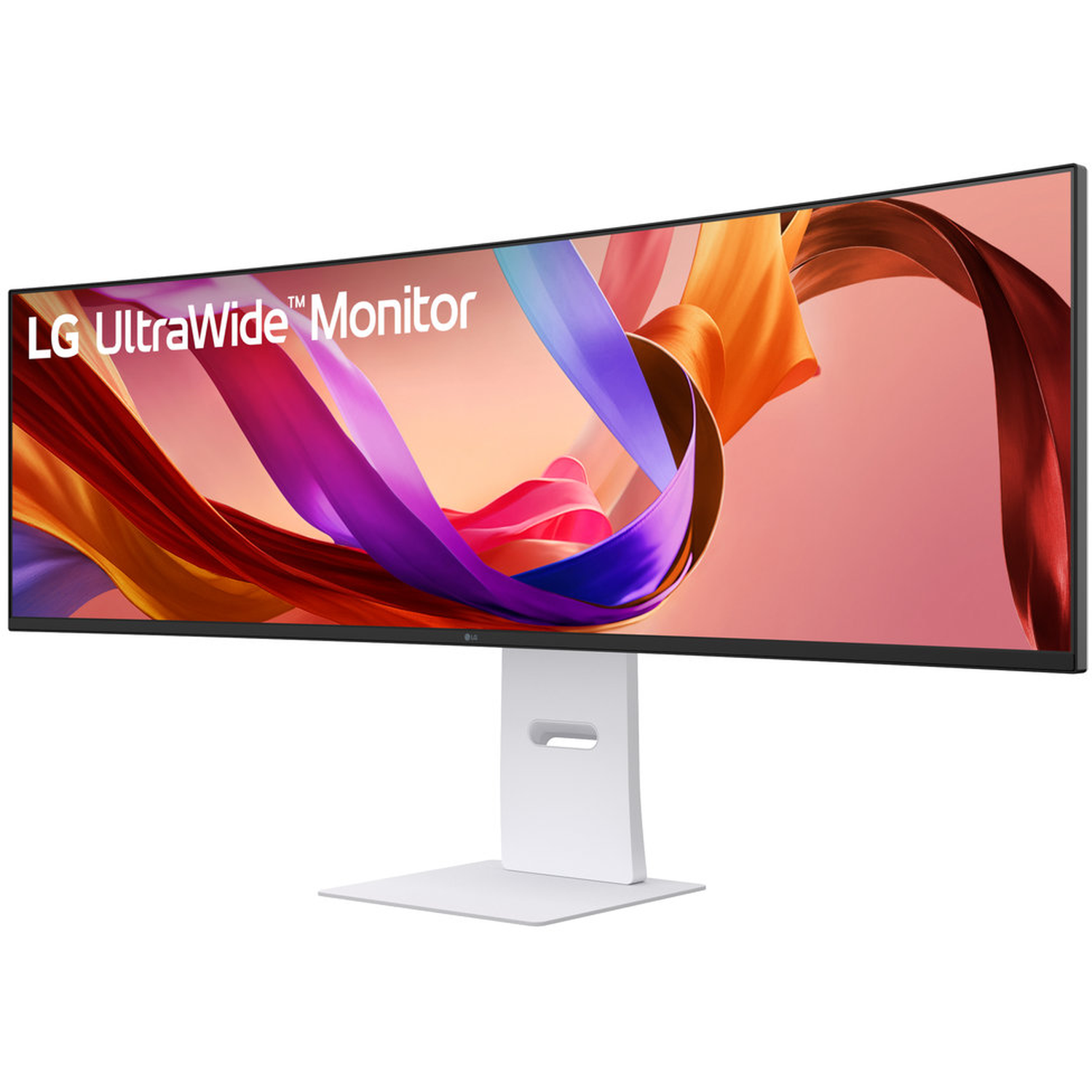 An LG Ultrawide monitor with a white stand. The screen displays colorful abstract shapes. The monitor curves slightly.