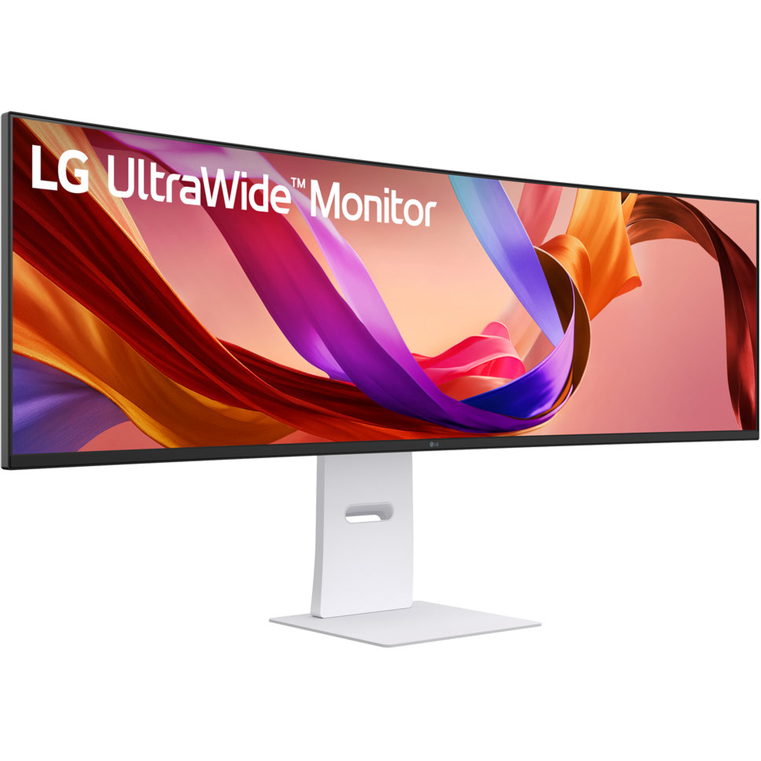 An LG UltraWide Monitor on a white stand. The screen displays colorful abstract shapes. The stand and base are white.