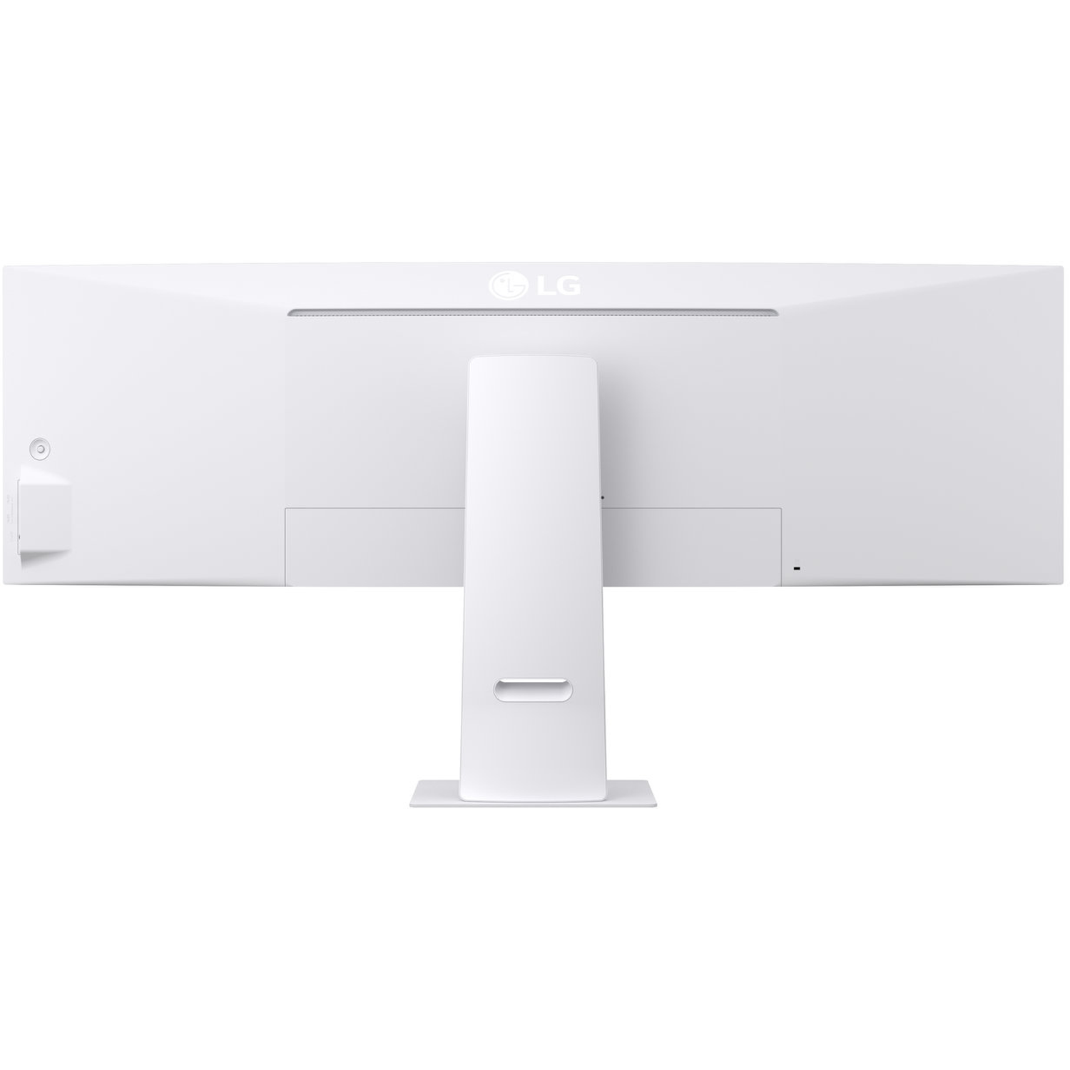 The back of a white LG monitor. It has a stand, ports, and the LG logo. The surface is plain white.