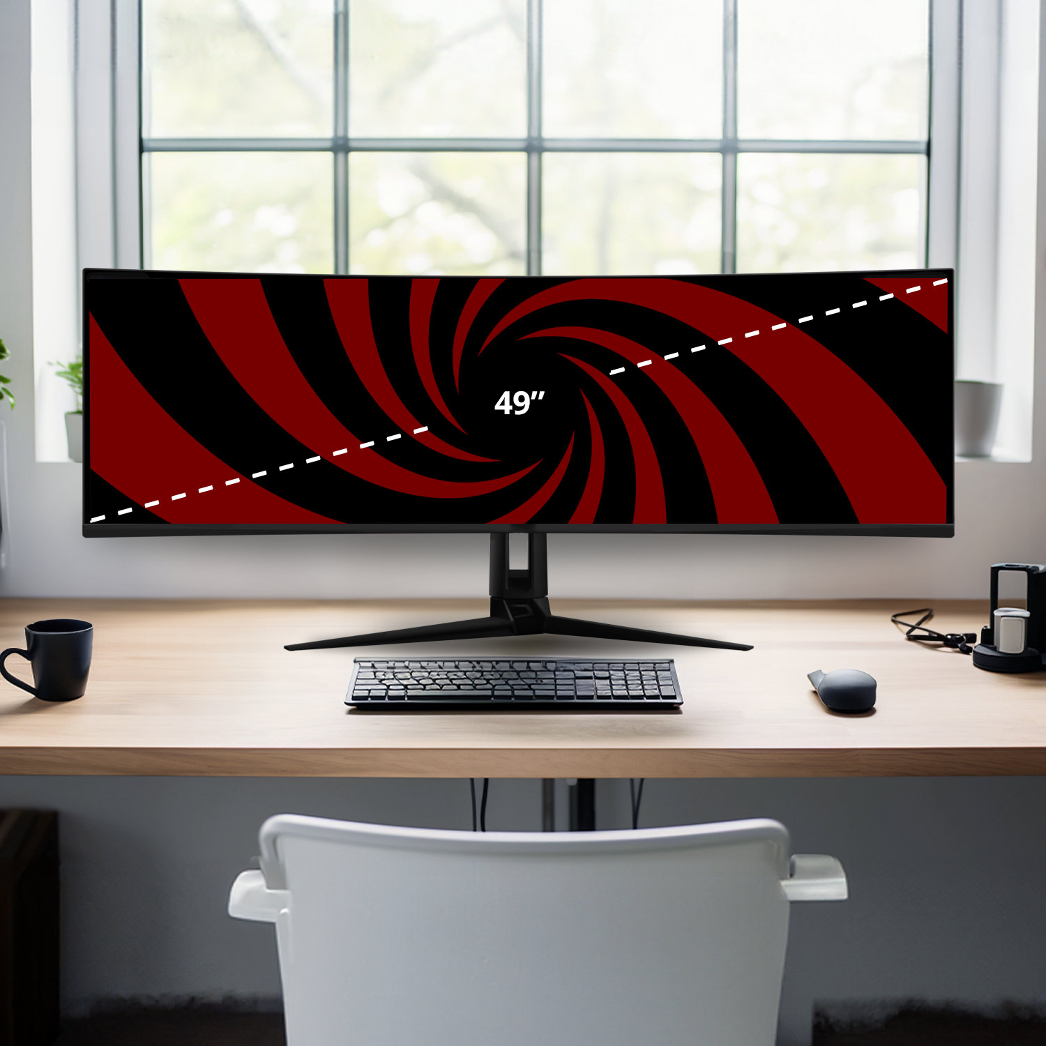 A 49-inch curved monitor on a wooden desk with keyboard, mouse, and cup. The screen shows a red and black spiral pattern.