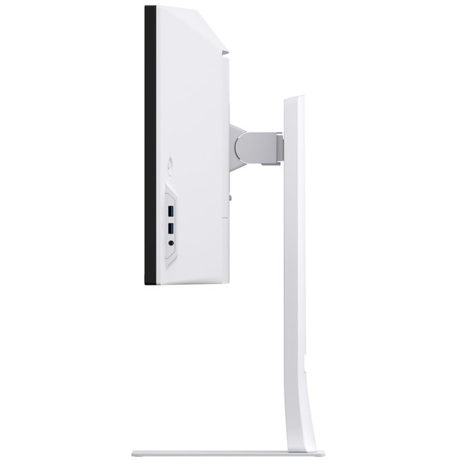 Side view of a white computer monitor. It has a stand, adjustable arm, and several ports. The screen is black.