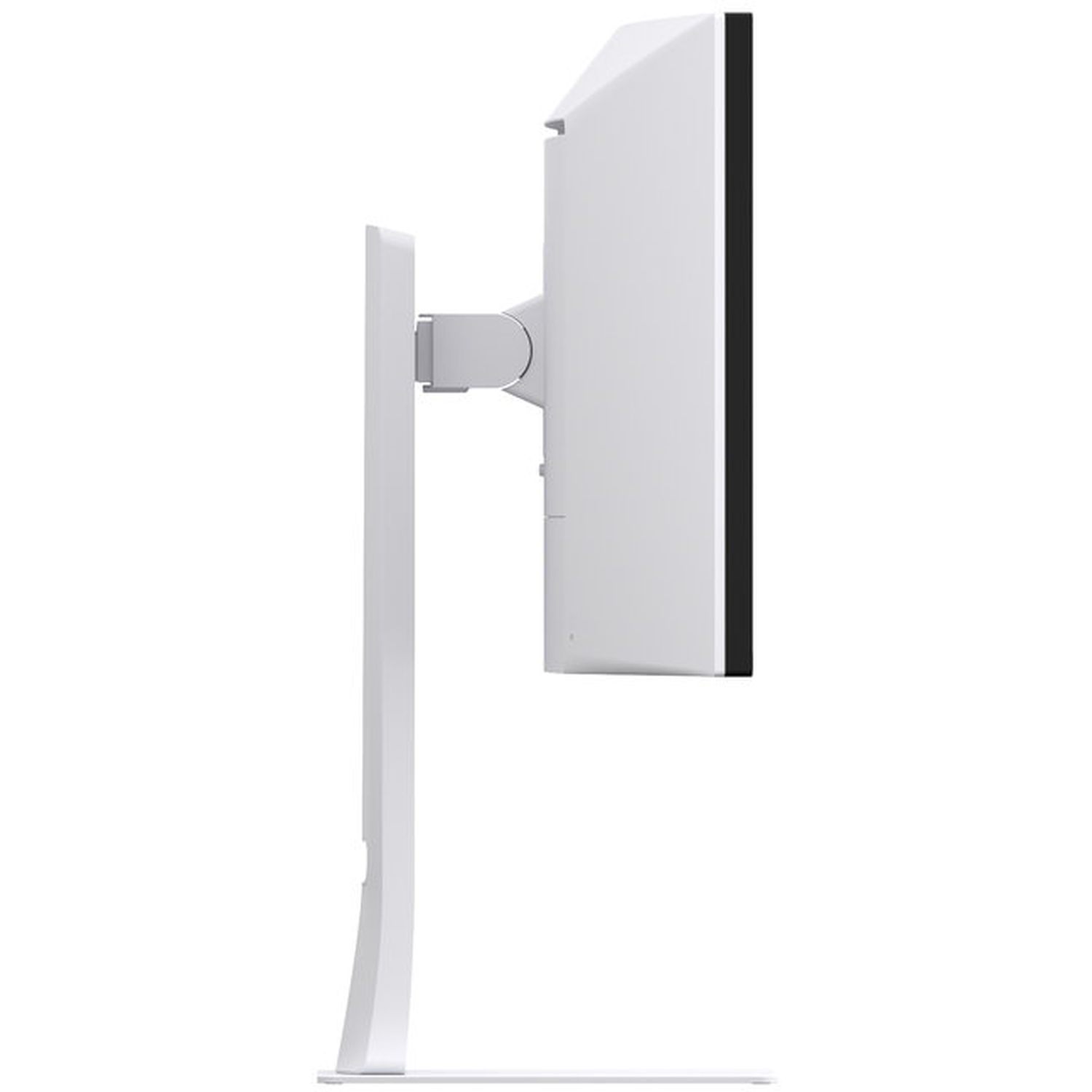 Side view of a white computer monitor. The screen is black on the side. The monitor is attached to a white stand.