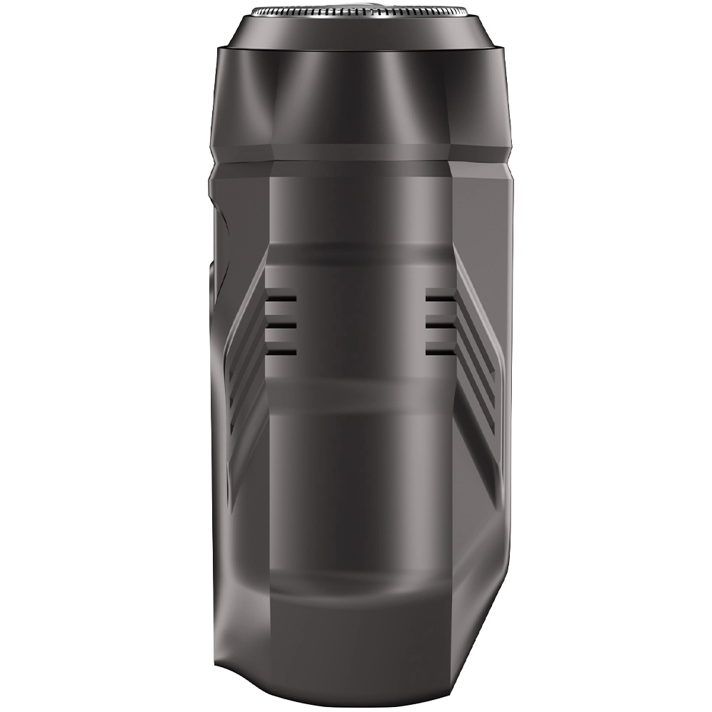 Ciemnoszara golarka elektryczna stoi pionowo. Ma cylindryczny korpus ze srebrną górą i trzema poziomymi liniami.