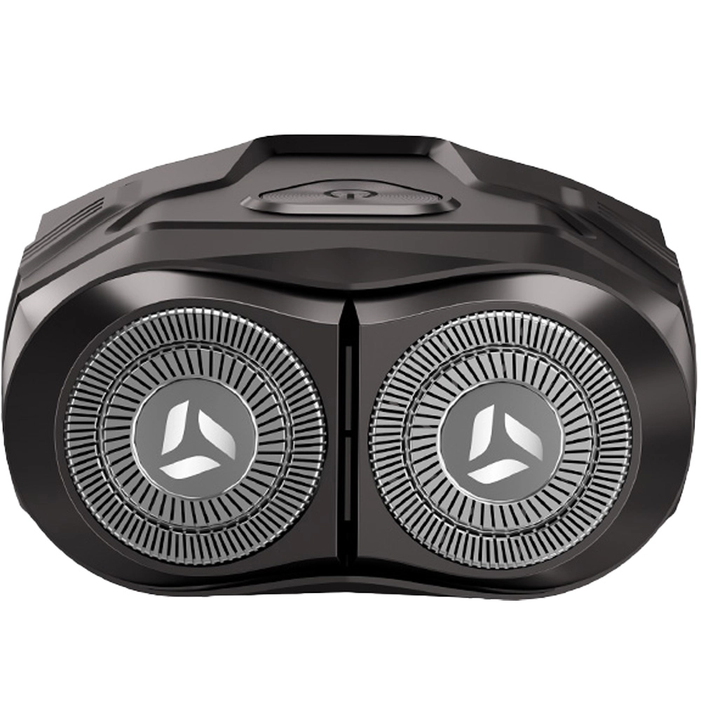 Zbliżenie czarnej głowicy golarki elektrycznej. Ma dwie okrągłe głowice golące ze srebrnymi detalami i centralnym logo.