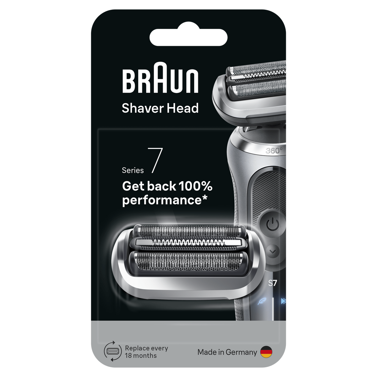 Paquete de cabezal de afeitadora Braun. Muestra detalles del producto, serie 7 y una afeitadora. Muestra un reemplazo del cabezal.