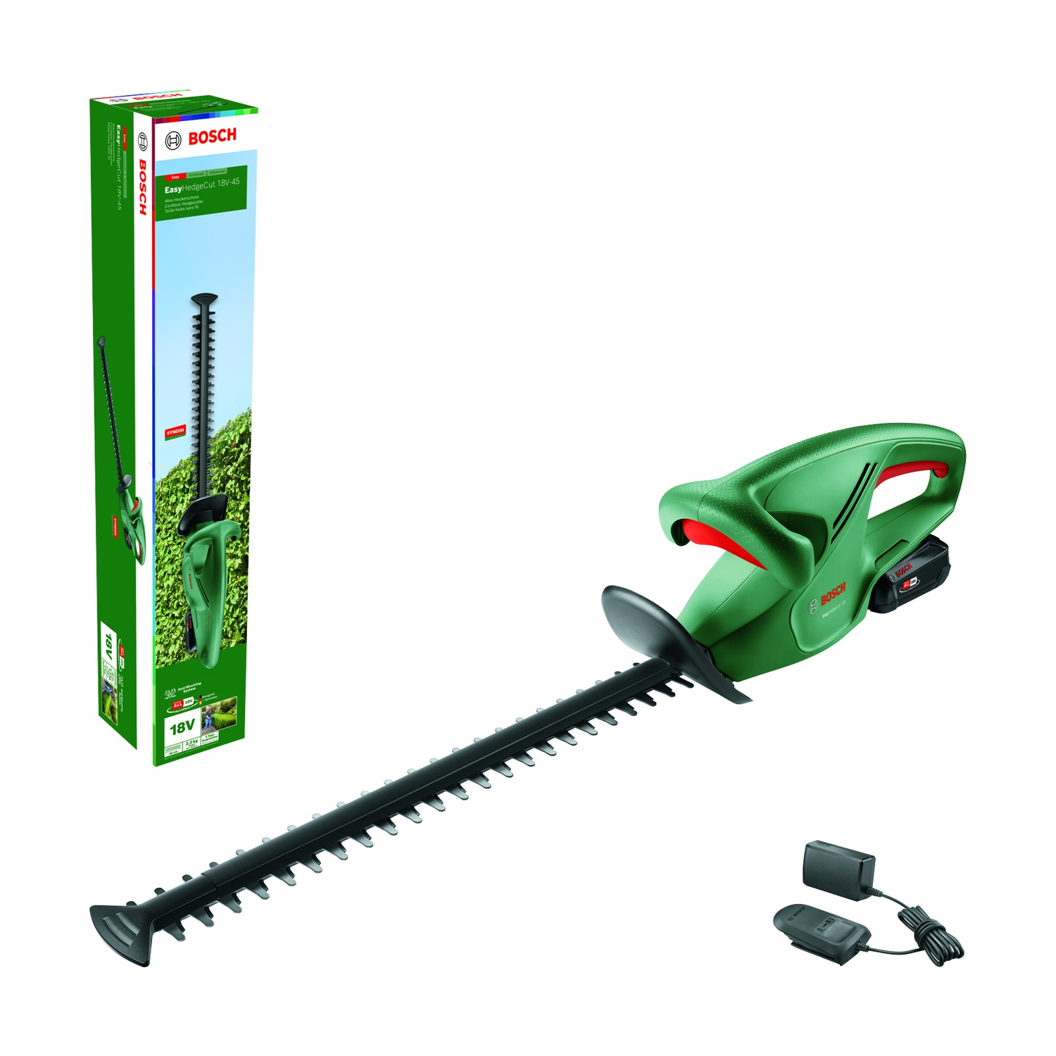 Un tagliasiepi Bosch EasyHedgeCut 18V-45 verde e nero, batteria e caricabatterie. Una scatola mostra il tagliasiepi che taglia una siepe.