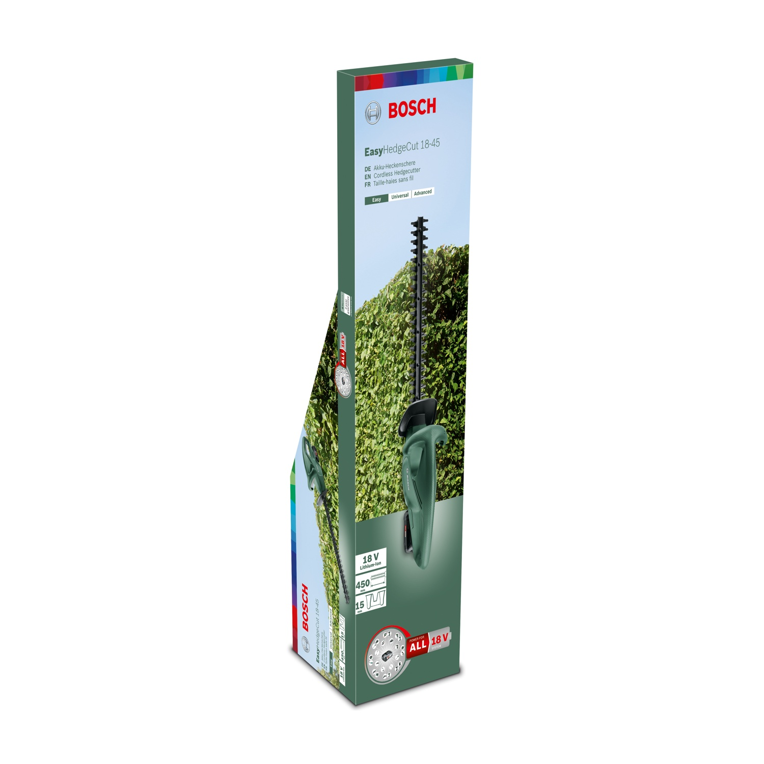 Una scatola di tagliasiepi a batteria Bosch EasyHedgeCut 18-45. La scatola mostra un tagliasiepi con corpo verde e lame nere.