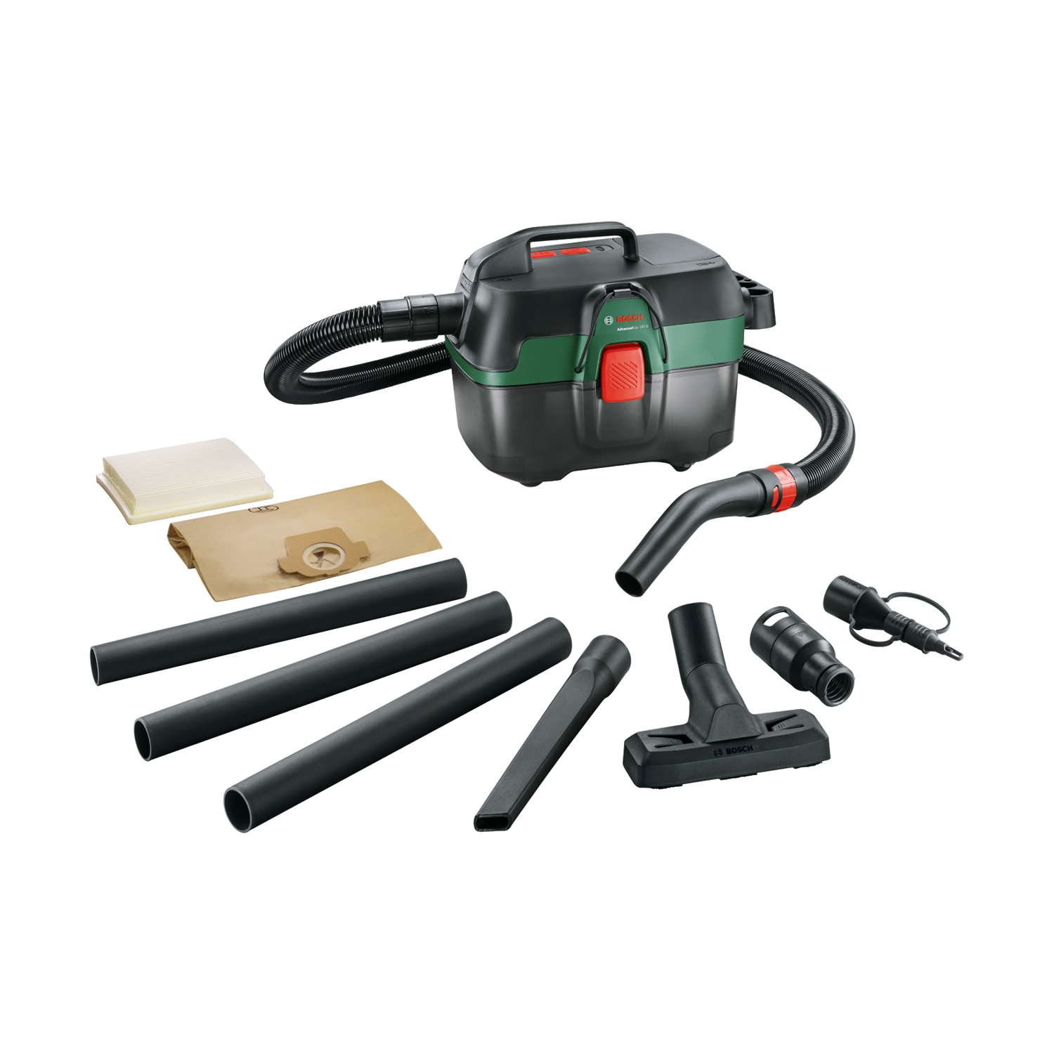 Un aspirapolvere Bosch nero e verde con accessori, tra cui tubi, ugelli, filtri e un sacchetto, tutto su sfondo bianco.