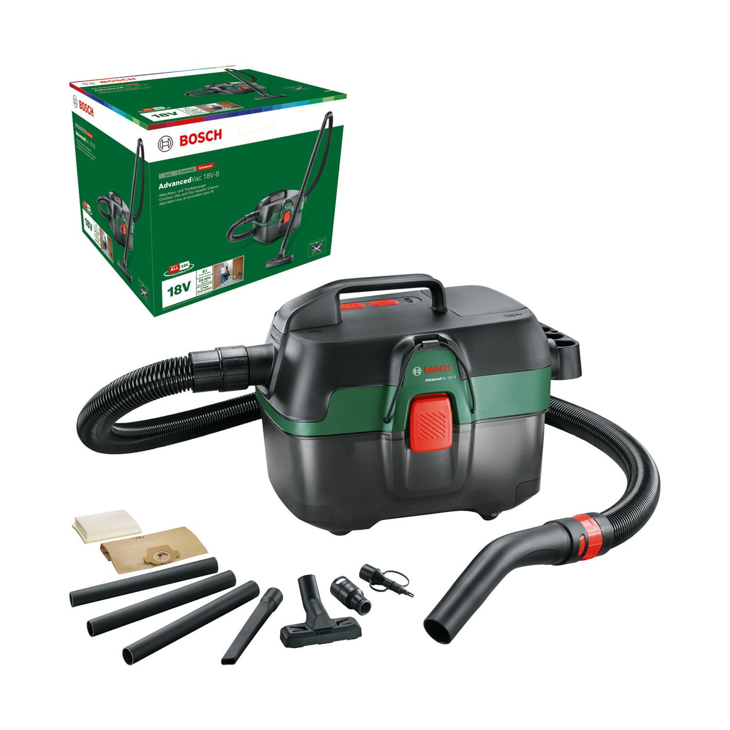 Viene mostrato un aspirapolvere Bosch AdvancedVac 18V-8 con accessori. Una scatola è sullo sfondo. L'aspirapolvere è nero e verde.