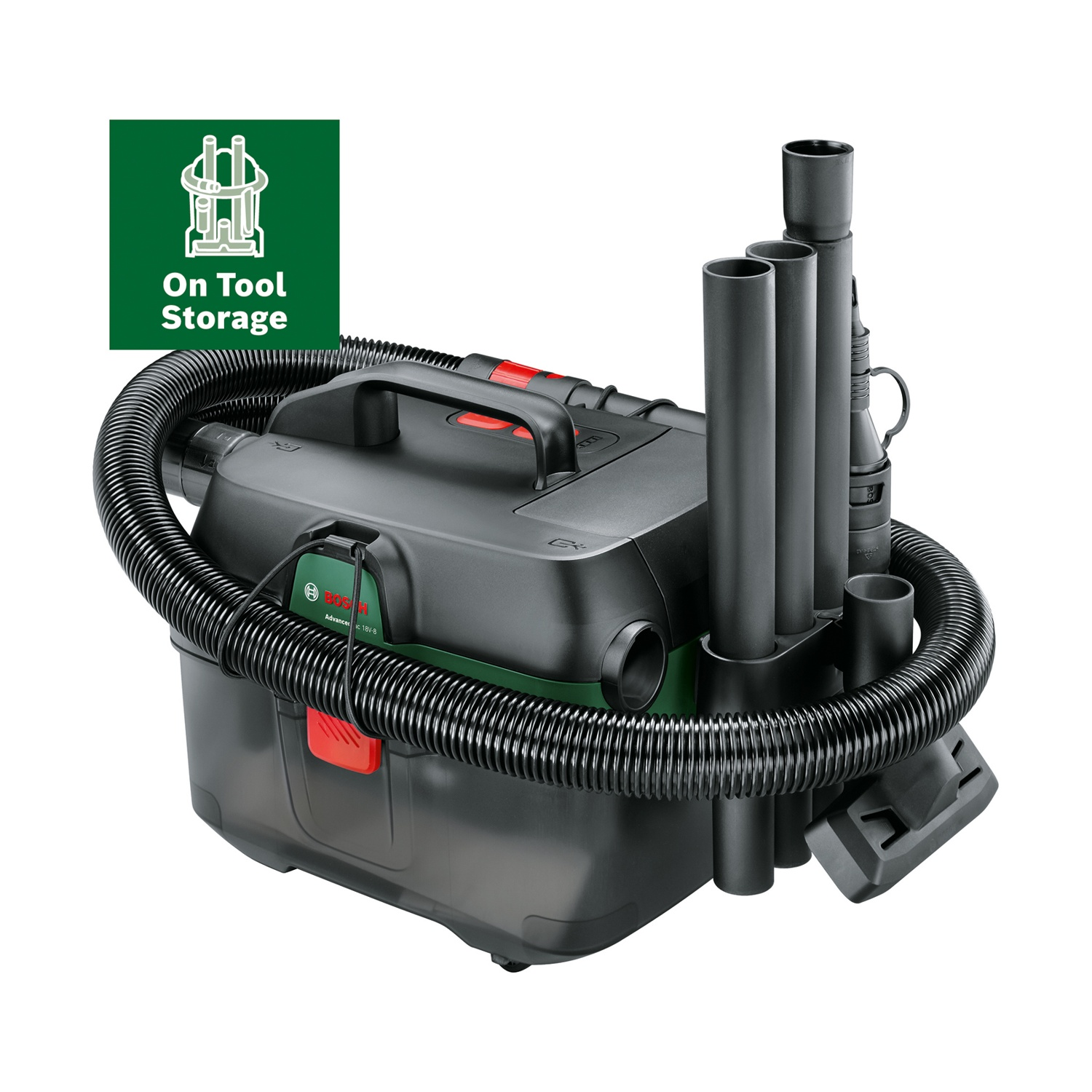 Un aspirapolvere Bosch nero e verde con accessori e un tubo. Il logo 'On Tool Storage' è visibile.