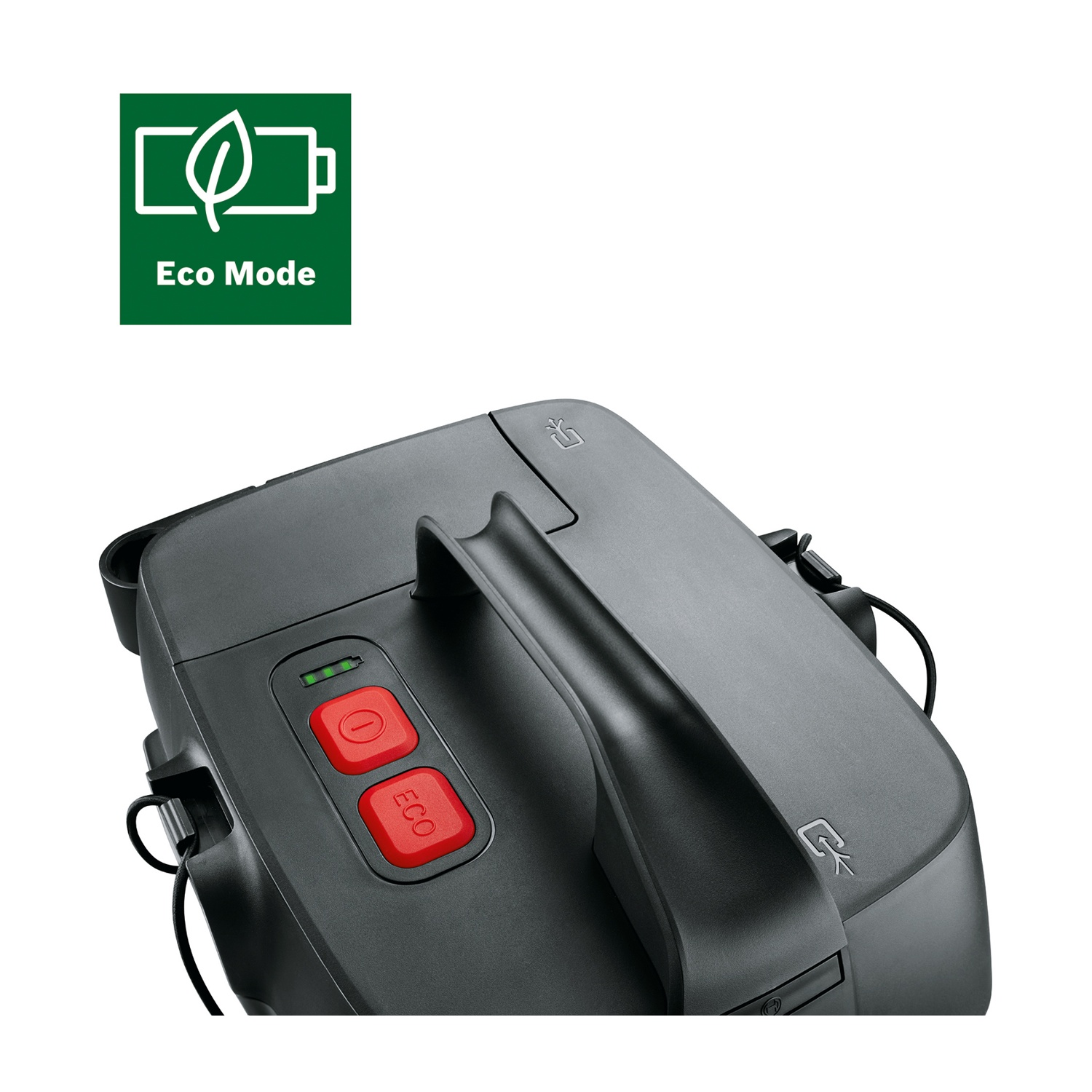 Aspirapolvere nero con pulsanti rossi e icona 'Eco Mode'. Indicatore batteria verde e maniglia visibili.