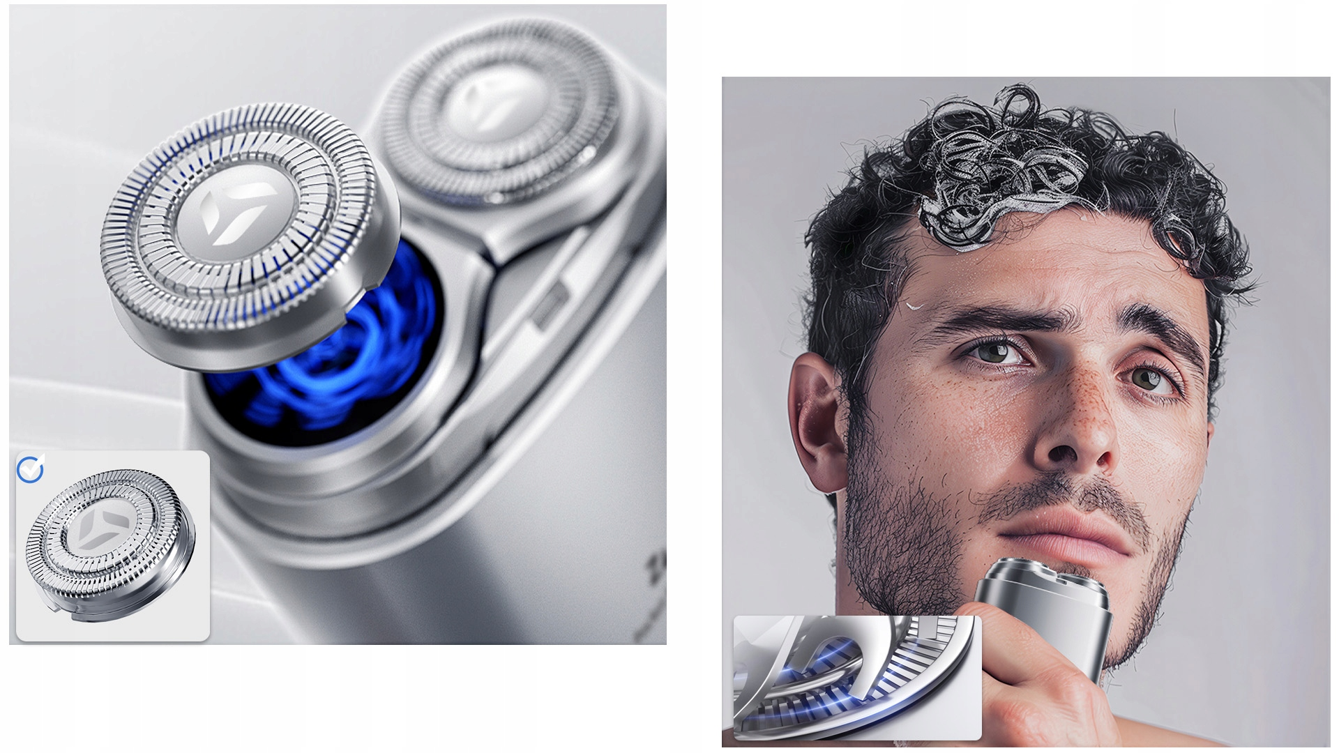 Szczegół golarki i mężczyzna golący się. Golarka ma srebrną głowicę i niebieskie światło wewnętrzne. Mężczyzna patrzy w kamerę.