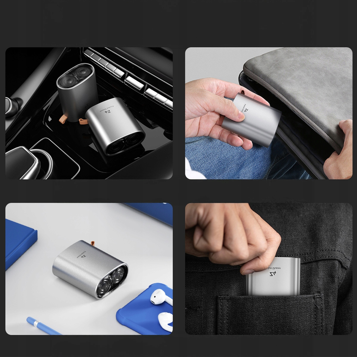 Srebrna golarka kieszonkowa jest pokazana w różnych ustawieniach: konsola samochodowa, wkładana do torby, w pobliżu telefonu i w kieszeni.